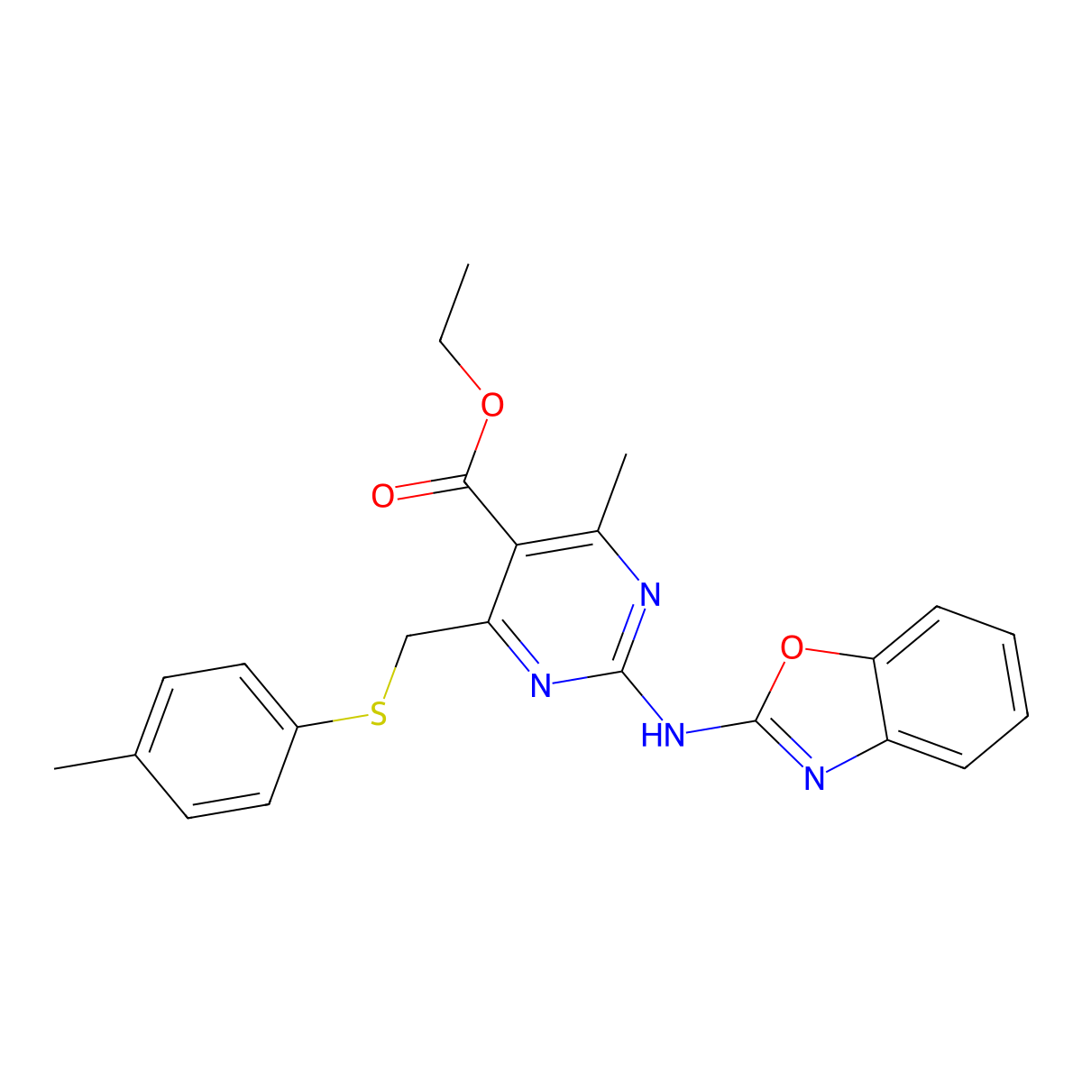 Ethyl 2-(1,3-benzoxazol-2-ylamino)-4-methyl-6-{[(4-methylphenyl)thio]methyl}pyrimidine-5-carboxylate molecular structure, CAS 669746-20-7