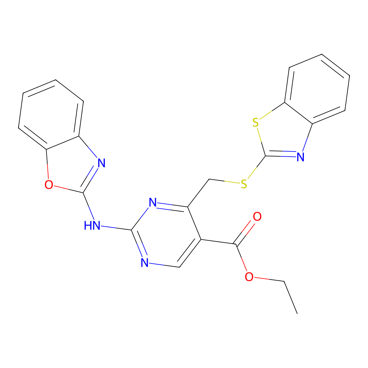 Ethyl 4-[(1,3-benzothiazol-2-ylsulfanyl)methyl]-2-(1,3-benzoxazol-2-ylamino)pyrimidine-5-carboxylate molecular structure, CAS 669746-27-4