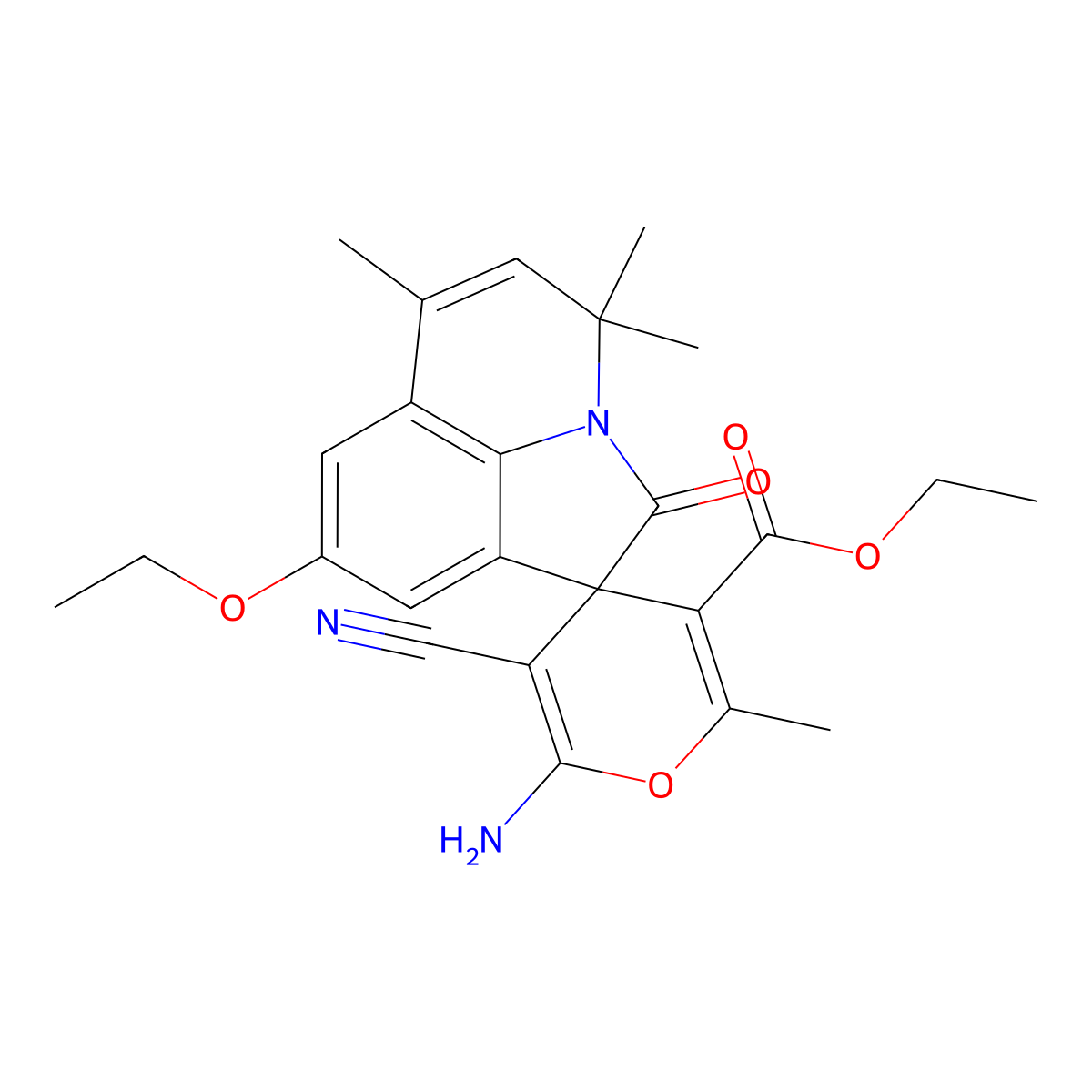 Ethyl 6'-amino-5'-cyano-6-ethoxy-2',9,11,11-tetramethyl-2-oxospiro[1-azatricyclo[6.3.1.04,12]dodeca-4,6,8(12),9-tetraene-3,4'-pyran]-3'-carboxylate molecular structure, CAS 669748-49-6