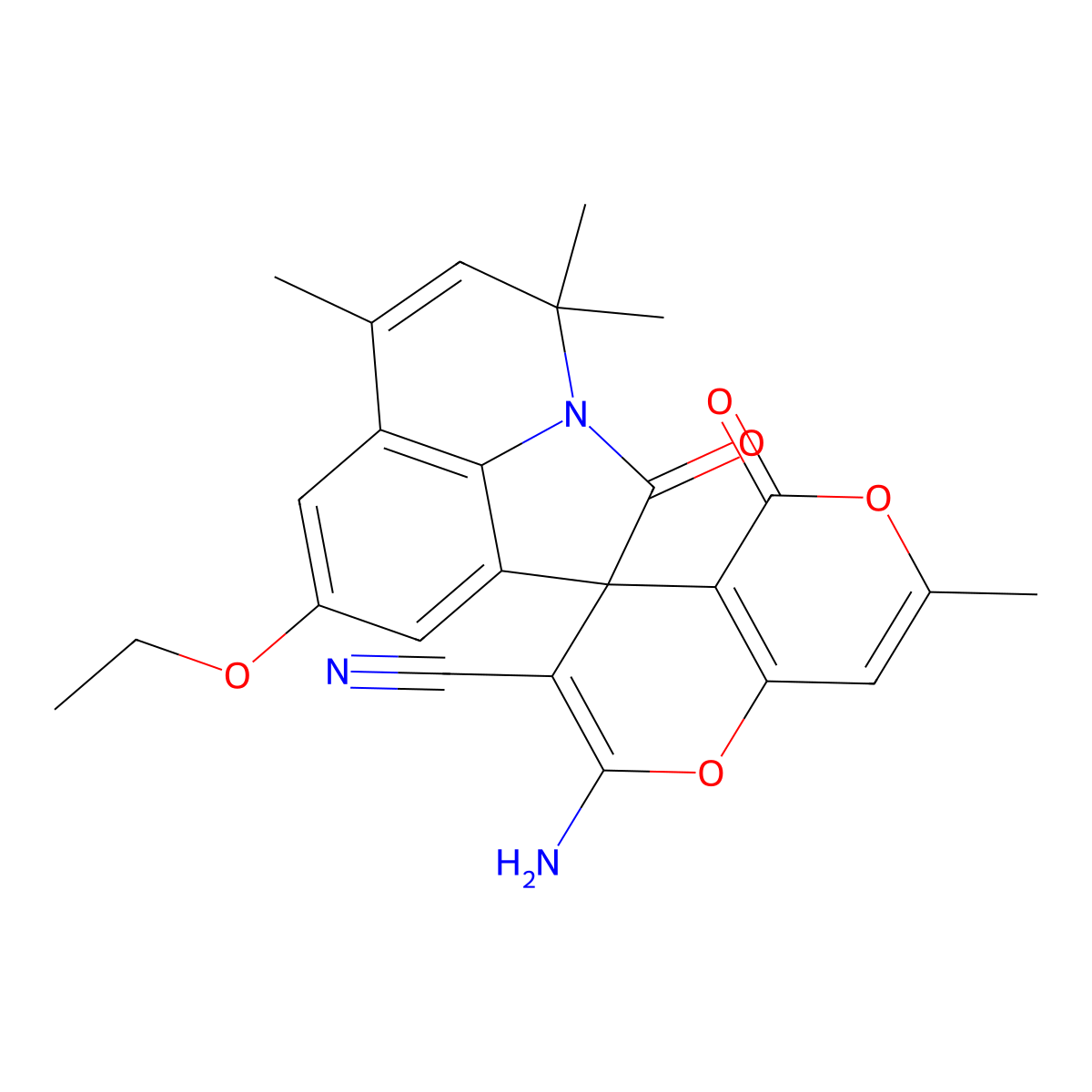 2-amino-8'-ethoxy-4',4',6',7-tetramethyl-2',5-dioxo-4'H,5H-spiro[pyrano[4,3-b]pyran-4,1'-pyrrolo[3,2,1-ij]quinoline]-3-carbonitrile molecular structure, CAS 669748-54-3