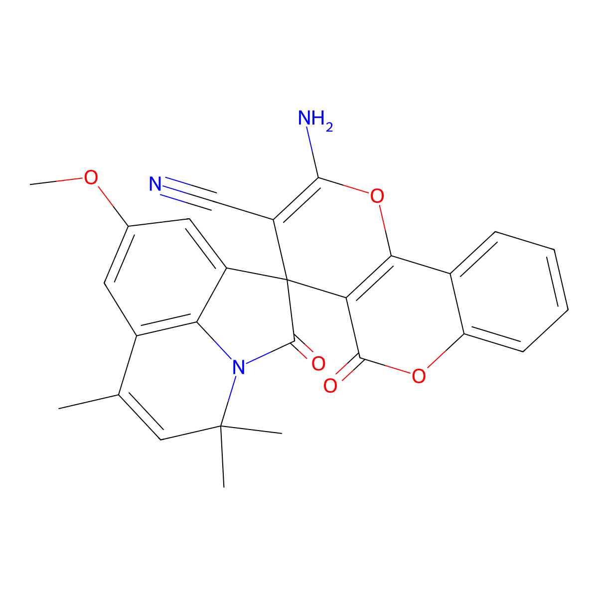 2-amino-8'-methoxy-4',4',6'-trimethyl-2',5-dioxo-4'H,5H-spiro[pyrano[3,2-c]chromene-4,1'-pyrrolo[3,2,1-ij]quinoline]-3-carbonitrile molecular structure, CAS 669748-66-7