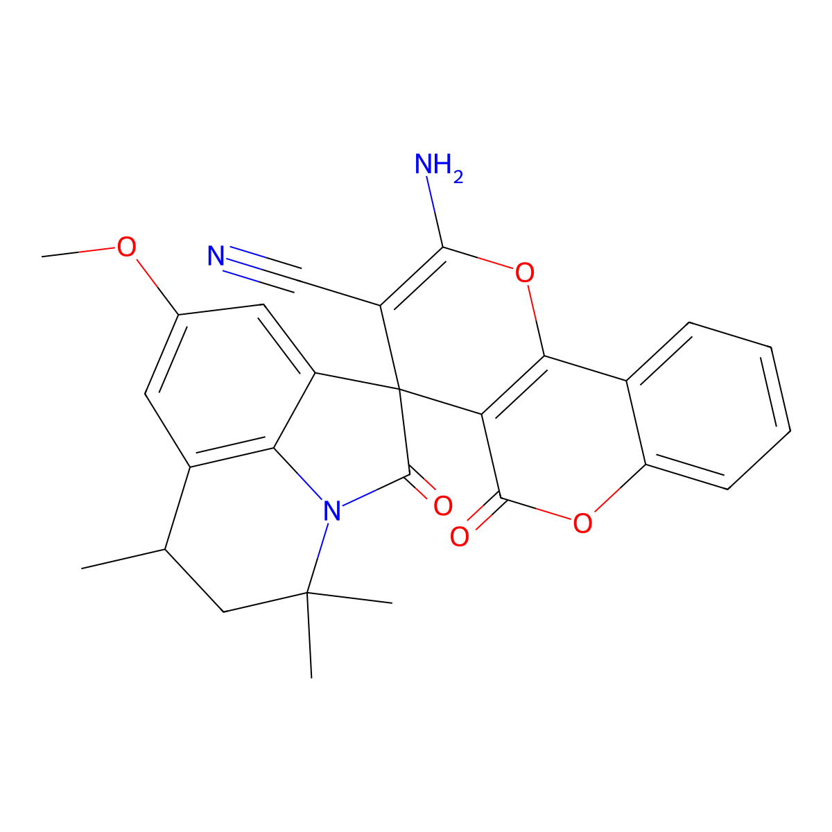2-amino-8'-methoxy-4',4',6'-trimethyl-2',5-dioxo-5',6'-dihydro-4'H,5H-spiro[pyrano[3,2-c]chromene-4,1'-pyrrolo[3,2,1-ij]quinoline]-3-carbonitrile molecular structure, CAS 669748-71-4