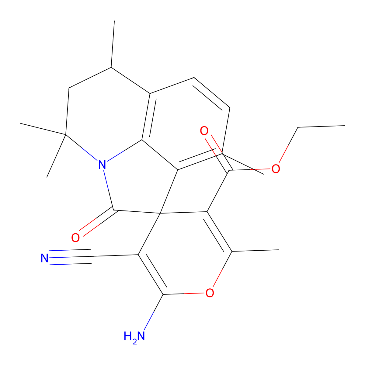 ethyl 6-amino-5-cyano-2,4',4',6',9'-pentamethyl-2'-oxo-5',6'-dihydro-4'H-spiro[pyran-4,1'-pyrrolo[3,2,1-ij]quinoline]-3-carboxylate molecular structure, CAS 669748-76-9