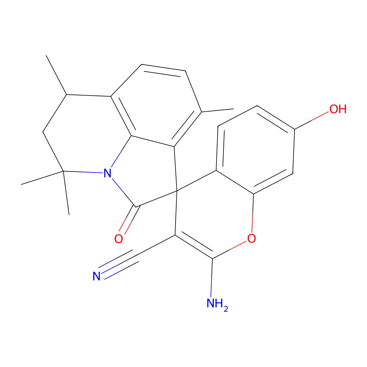 2-amino-7-hydroxy-4',4',6',9'-tetramethyl-2'-oxo-5',6'-dihydro-4'H-spiro[chromene-4,1'-pyrrolo[3,2,1-ij]quinoline]-3-carbonitrile molecular structure, CAS 669748-81-6