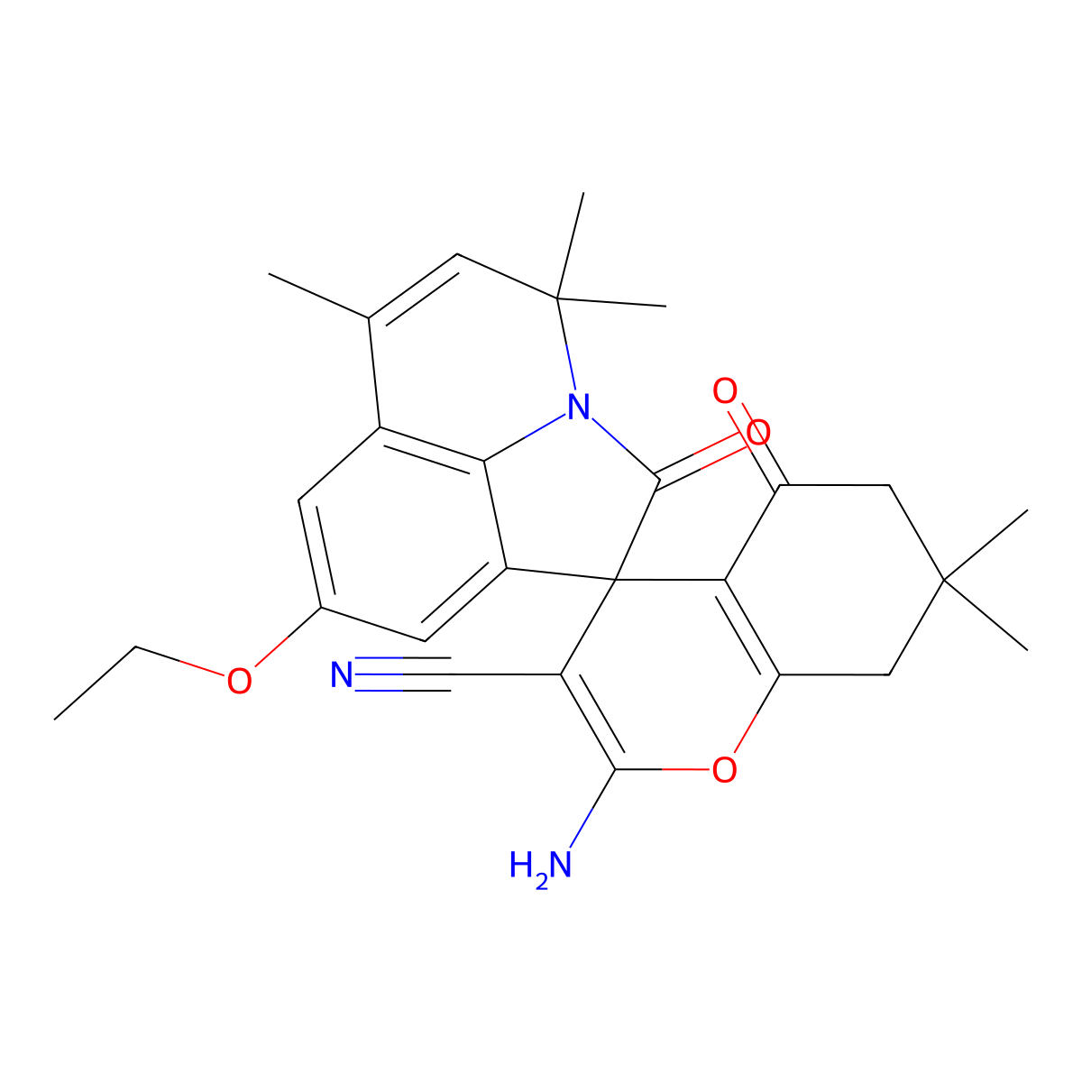 2-amino-8'-ethoxy-4',4',6',7,7-pentamethyl-2',5-dioxo-5,6,7,8-tetrahydro-4'H-spiro[chromene-4,1'-pyrrolo[3,2,1-ij]quinoline]-3-carbonitrile molecular structure, CAS 669748-91-8