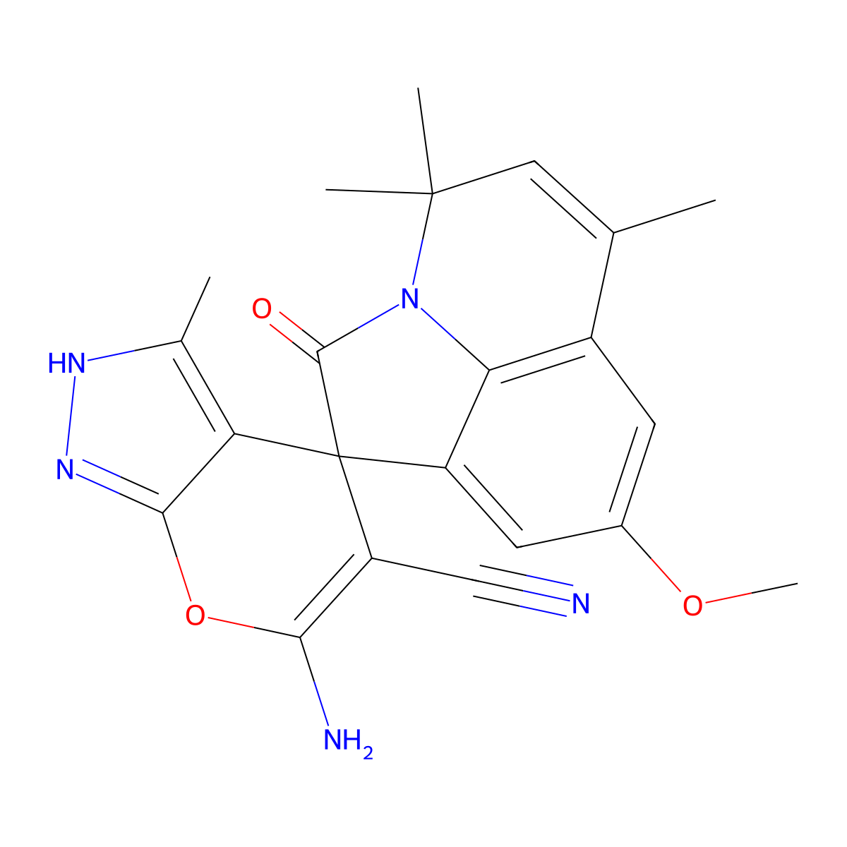 6-amino-8'-methoxy-3,4',4',6'-tetramethyl-1,4-dihydro-2'(1'H)-oxospiro(pyrano[2,3-c]pyrazole-4,1'[4'H]-pyrrolo[3,2,1-ij]quinoline)-5-carbonitrile molecular structure, CAS 669748-96-3