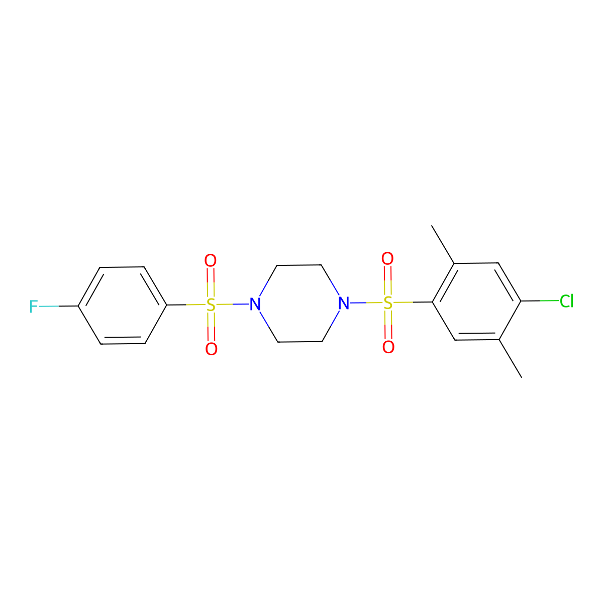 1-[(4-Chloro-2,5-dimethylphenyl)sulfonyl]-4-[(4-fluorophenyl)sulfonyl]piperazine molecular structure, CAS 669749-22-8