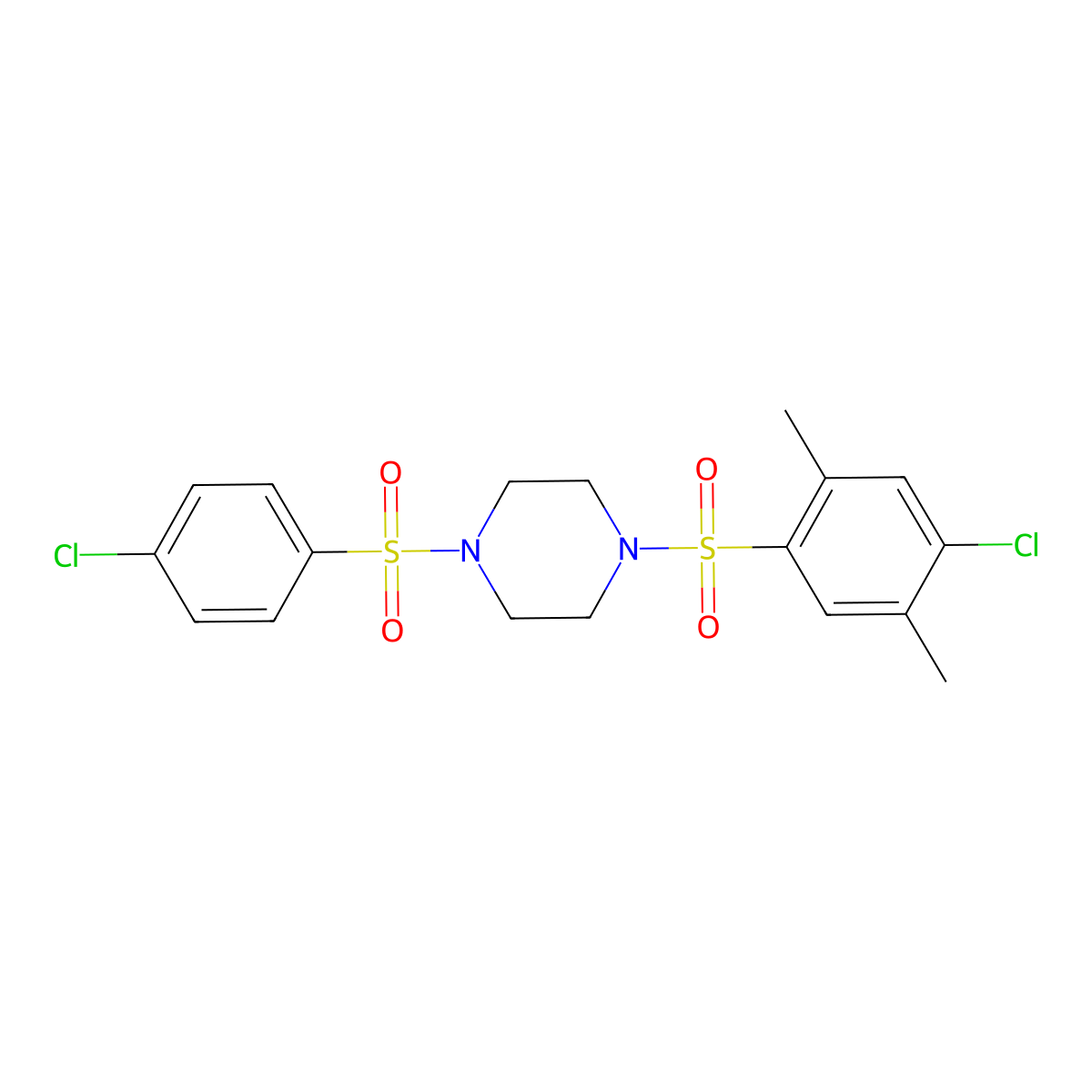 1-(4-Chloro-2,5-dimethylphenyl)sulfonyl-4-(4-chlorophenyl)sulfonylpiperazine molecular structure, CAS 669749-77-3