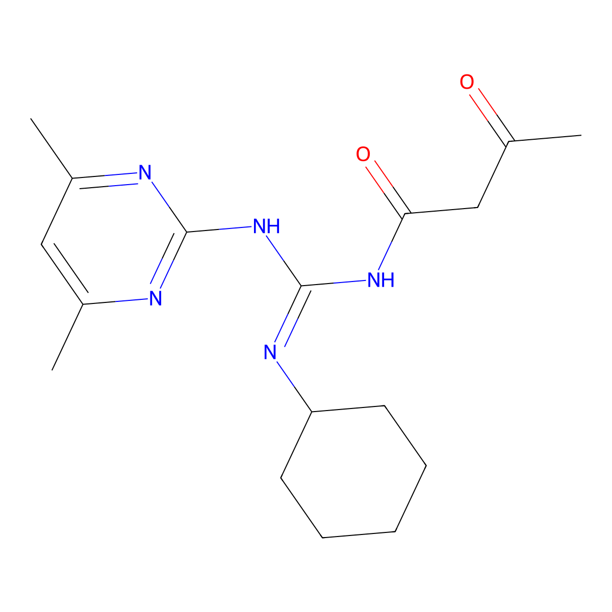 N-{(cyclohexylamino)[(4,6-dimethyl-2-pyrimidinyl)amino]methylene}-3-oxobutanamide molecular structure, CAS 669750-32-7
