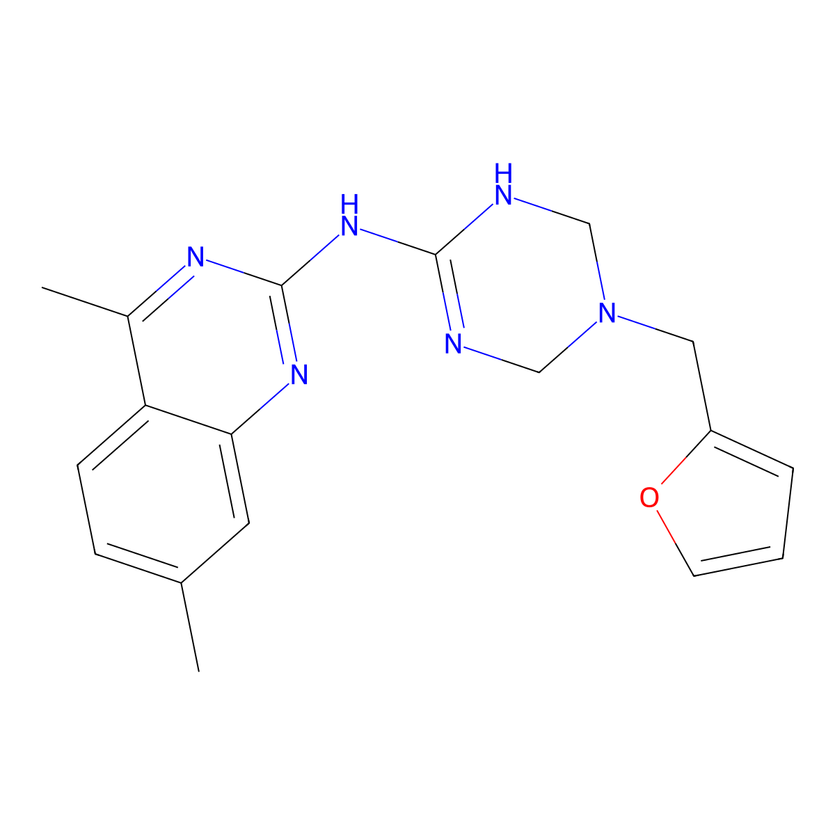 N-[5-(furan-2-ylmethyl)-1,4,5,6-tetrahydro-1,3,5-triazin-2-yl]-4,7-dimethylquinazolin-2-amine molecular structure, CAS 669750-67-8
