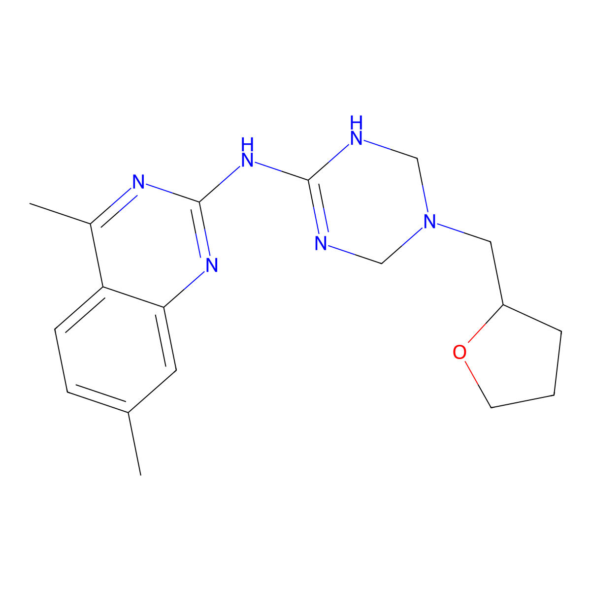 4,7-dimethyl-N-[5-(tetrahydrofuran-2-ylmethyl)-1,4,5,6-tetrahydro-1,3,5-triazin-2-yl]quinazolin-2-amine molecular structure, CAS 669750-72-5