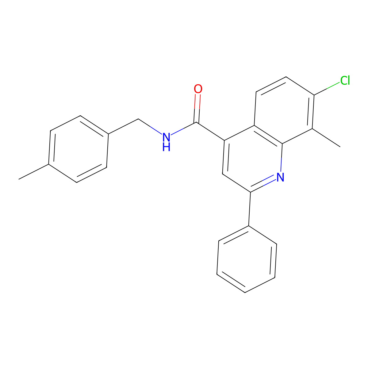 7-chloro-8-methyl-N-(4-methylbenzyl)-2-phenylquinoline-4-carboxamide molecular structure, CAS 669750-84-9