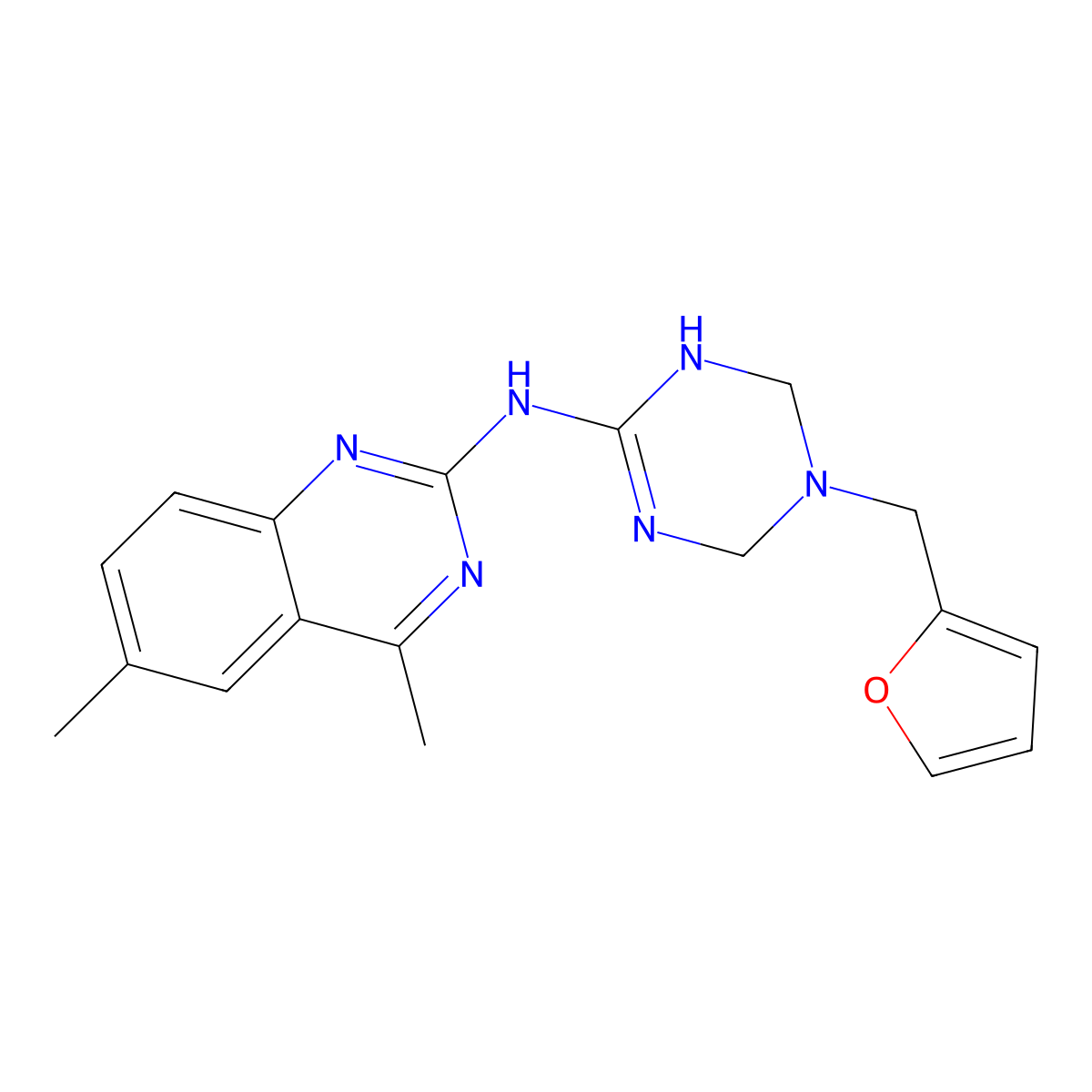 N-(5-(2-furanylmethyl)-1,4,5,6-tetrahydro-1,3,5-triazin-2-yl)-4,6-dimethyl-2-quinazolinamine molecular structure, CAS 669751-03-5