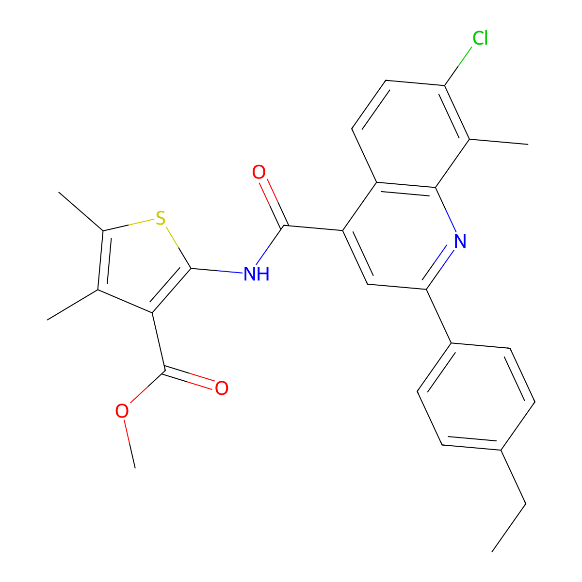 Methyl 2-({[7-chloro-2-(4-ethylphenyl)-8-methylquinolin-4-yl]carbonyl}amino)-4,5-dimethylthiophene-3-carboxylate molecular structure, CAS 669751-09-1