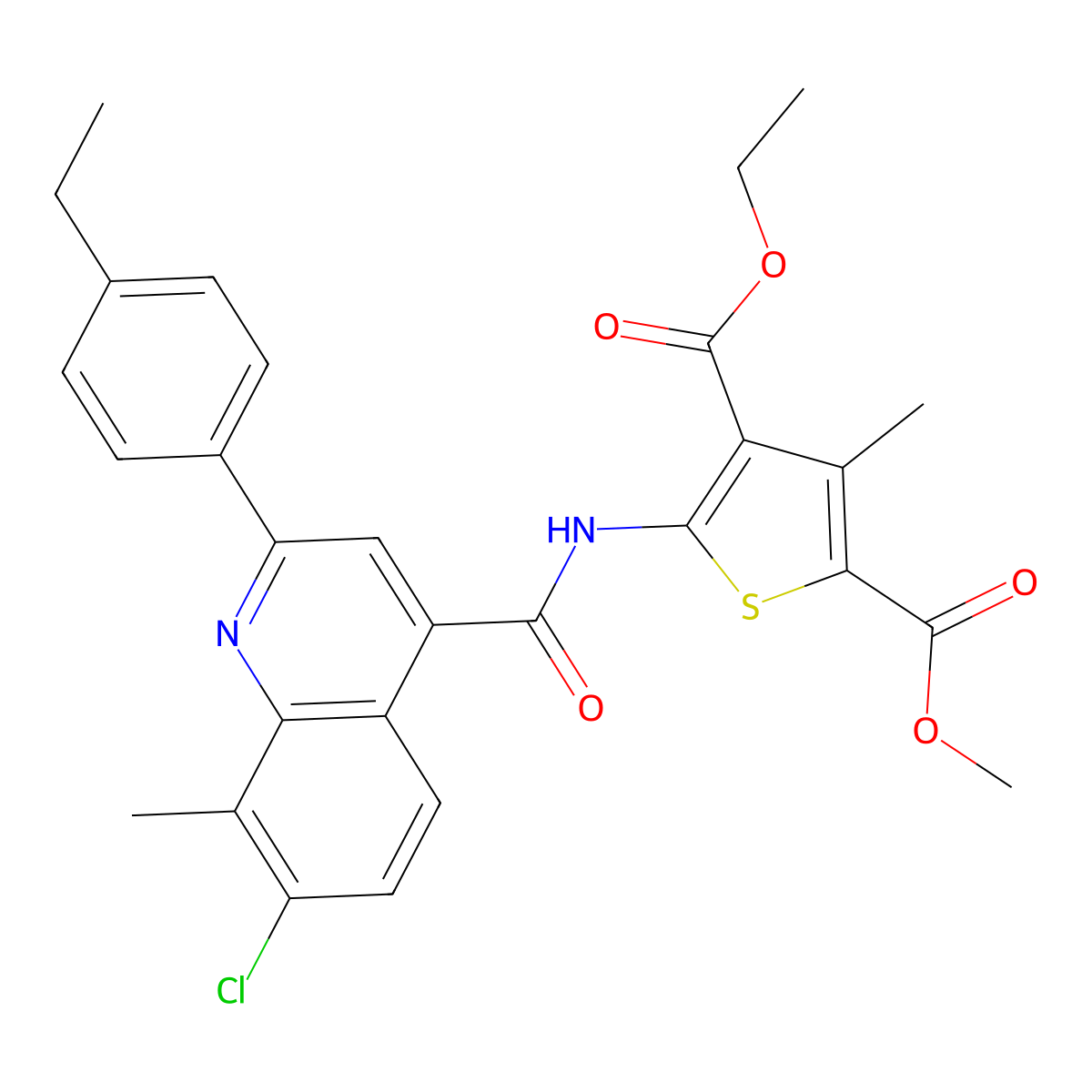 4-Ethyl 2-methyl 5-({[7-chloro-2-(4-ethylphenyl)-8-methylquinolin-4-yl]carbonyl}amino)-3-methylthiophene-2,4-dicarboxylate molecular structure, CAS 669751-14-8