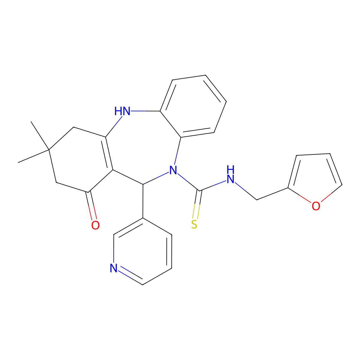 N-(furan-2-ylmethyl)-9,9-dimethyl-7-oxo-6-pyridin-3-yl-6,8,10,11-tetrahydrobenzo[b][1,4]benzodiazepine-5-carbothioamide molecular structure, CAS 669751-35-3