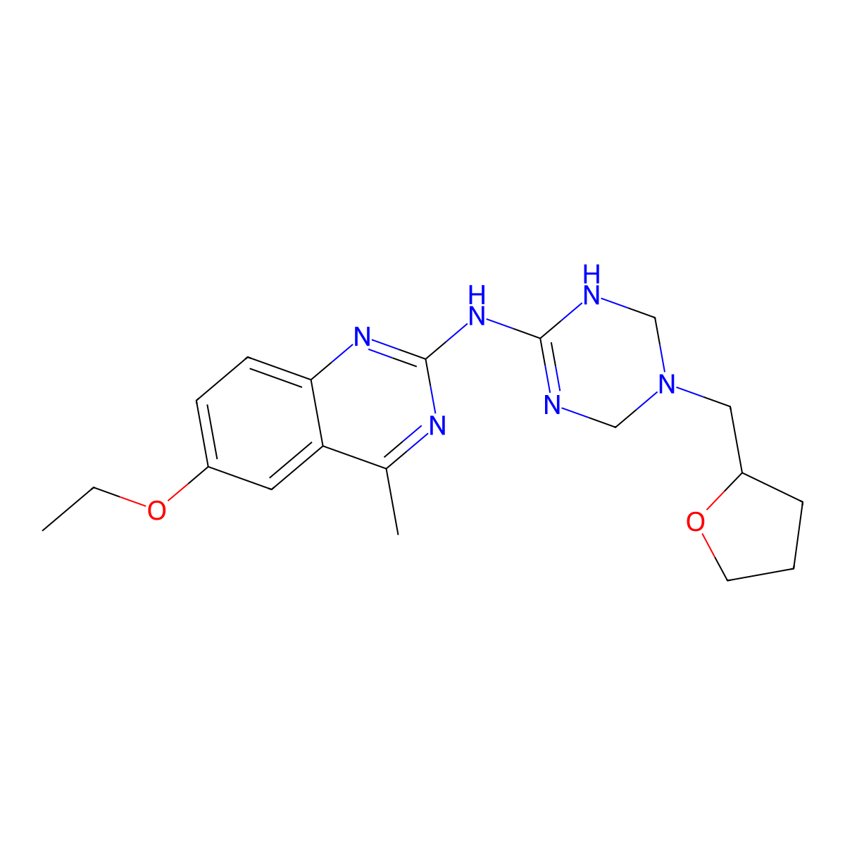 6-ethoxy-4-methyl-N-[5-(tetrahydrofuran-2-ylmethyl)-1,4,5,6-tetrahydro-1,3,5-triazin-2-yl]quinazolin-2-amine molecular structure, CAS 669751-38-6