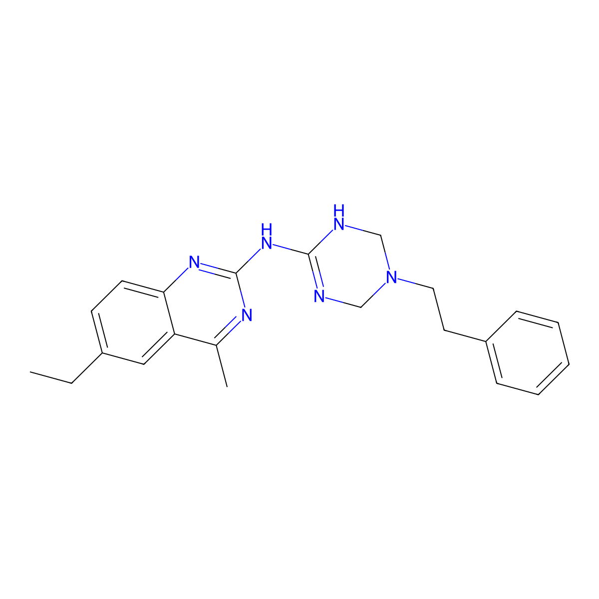 6-ethyl-4-methyl-N-[5-(2-phenylethyl)-1,4,5,6-tetrahydro-1,3,5-triazin-2-yl]quinazolin-2-amine molecular structure, CAS 669751-48-8