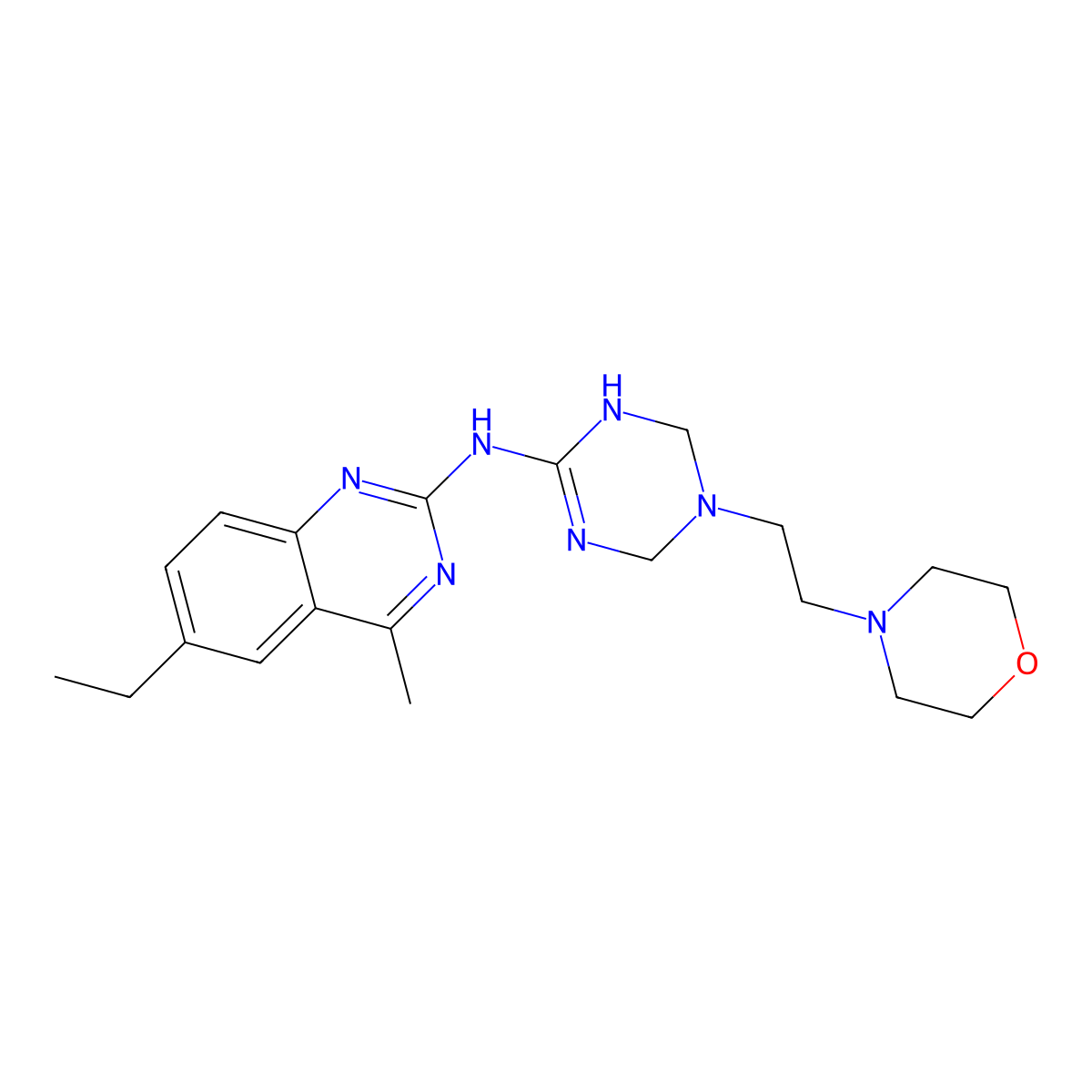 6-ethyl-4-methyl-N-{5-[2-(morpholin-4-yl)ethyl]-1,4,5,6-tetrahydro-1,3,5-triazin-2-yl}quinazolin-2-amine molecular structure, CAS 669751-53-5