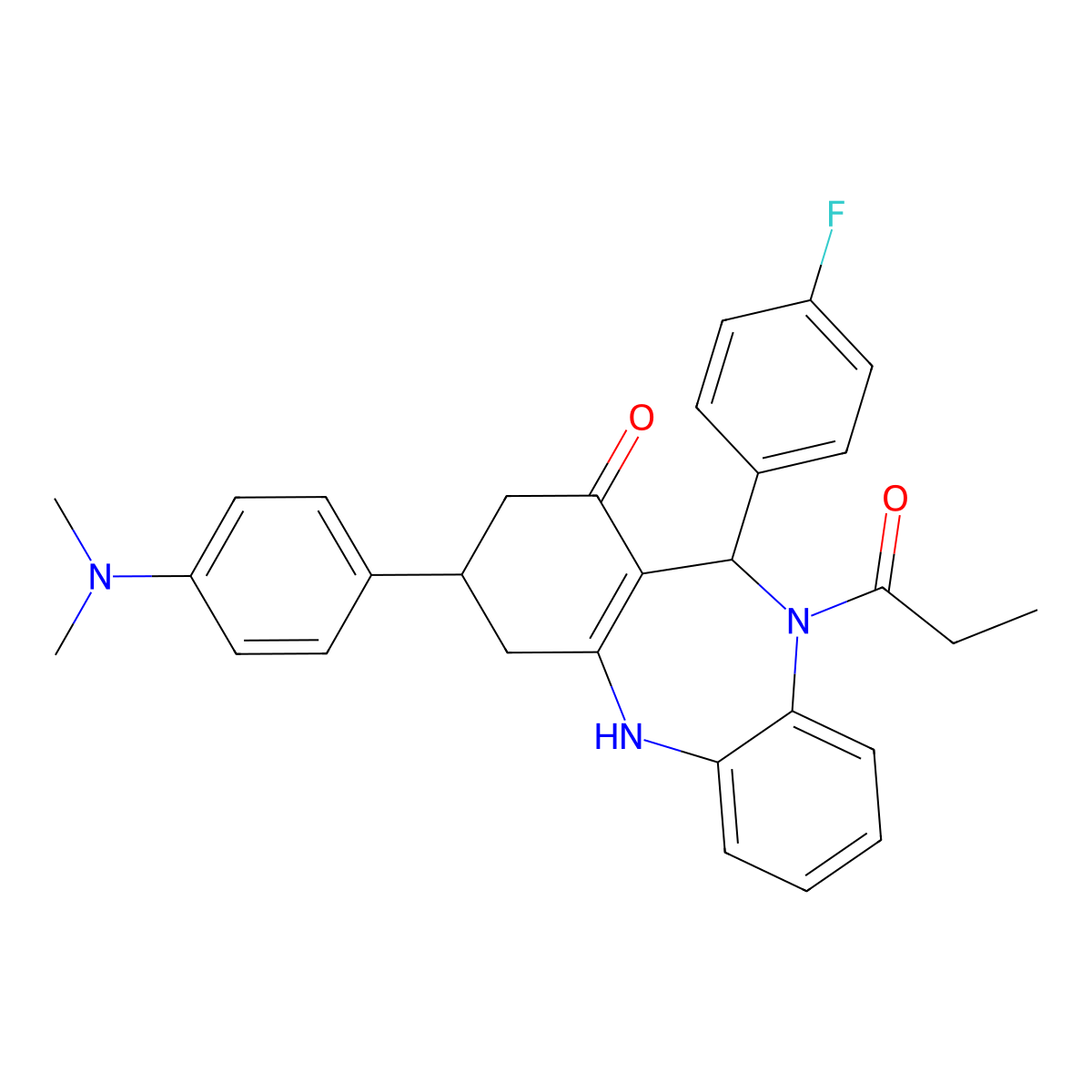 3-[4-(dimethylamino)phenyl]-11-(4-fluorophenyl)-10-propanoyl-2,3,4,5,10,11-hexahydro-1H-dibenzo[b,e][1,4]diazepin-1-one molecular structure, CAS 669751-60-4