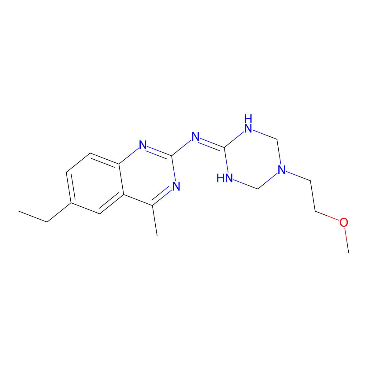 6-ethyl-N-[5-(2-methoxyethyl)-1,3,5-triazinan-2-ylidene]-4-methylquinazolin-2-amine molecular structure, CAS 669751-69-3