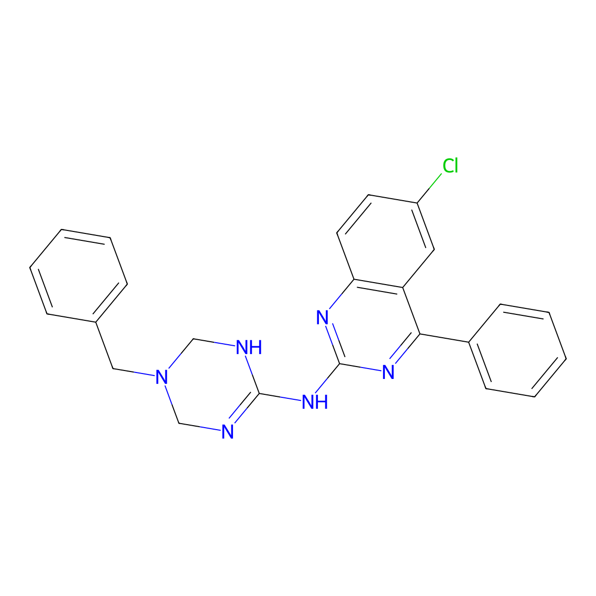 N-(5-benzyl-1,4,5,6-tetrahydro-1,3,5-triazin-2-yl)-6-chloro-4-phenylquinazolin-2-amine molecular structure, CAS 669751-84-2