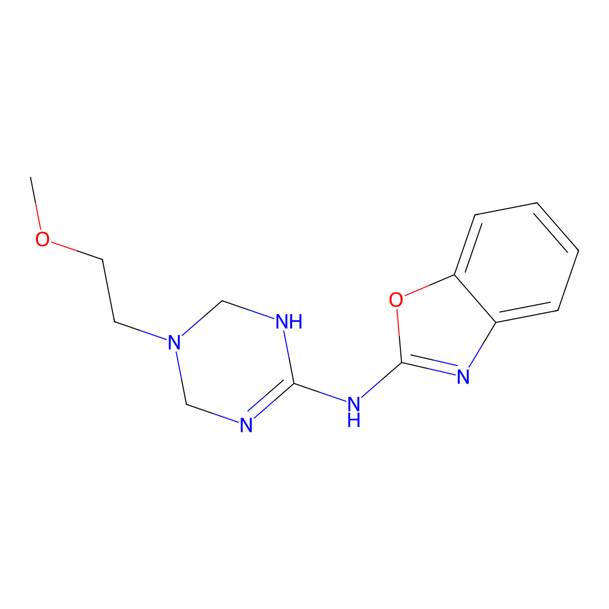 N-[5-(2-methoxyethyl)-1,3,5-triazinan-2-ylidene]-1,3-benzoxazol-2-amine molecular structure, CAS 669751-94-4