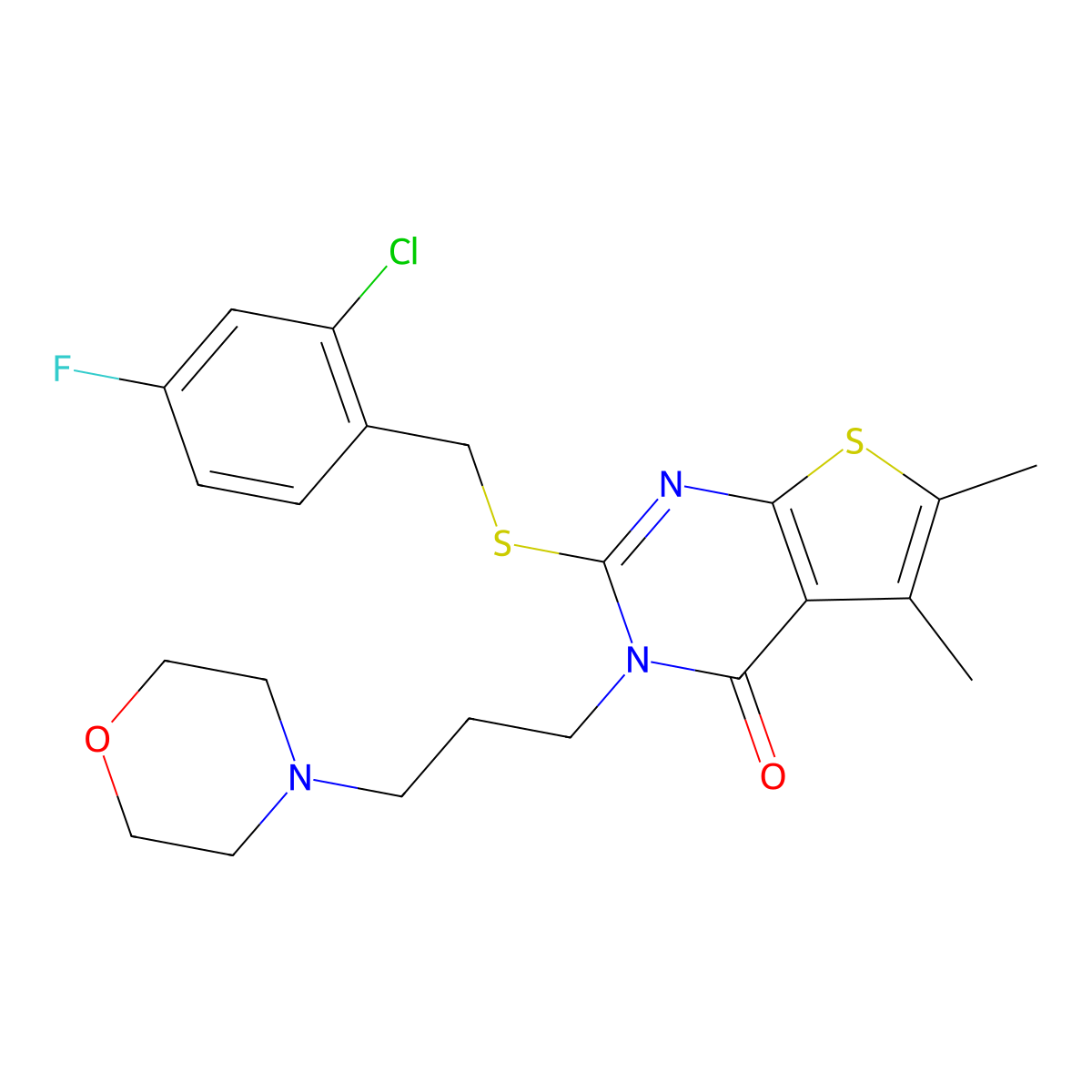 2-[(2-chloro-4-fluorobenzyl)sulfanyl]-5,6-dimethyl-3-[3-(morpholin-4-yl)propyl]thieno[2,3-d]pyrimidin-4(3H)-one molecular structure, CAS 669752-31-2