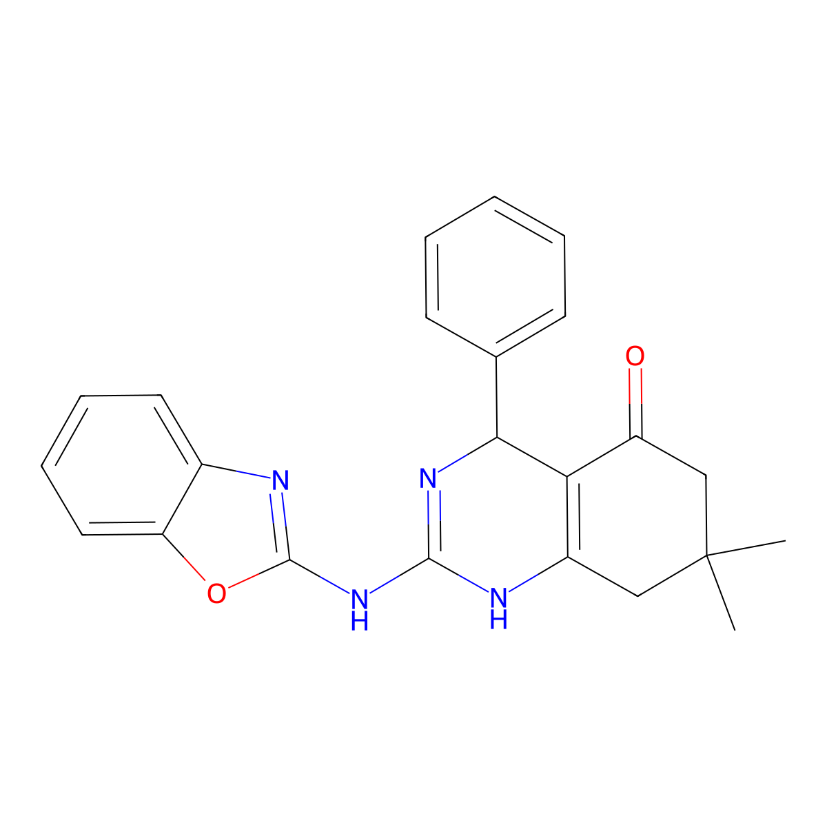2-(1,3-benzoxazol-2-ylamino)-7,7-dimethyl-4-phenyl-4,6,7,8-tetrahydroquinazolin-5(1H)-one molecular structure, CAS 669752-60-7