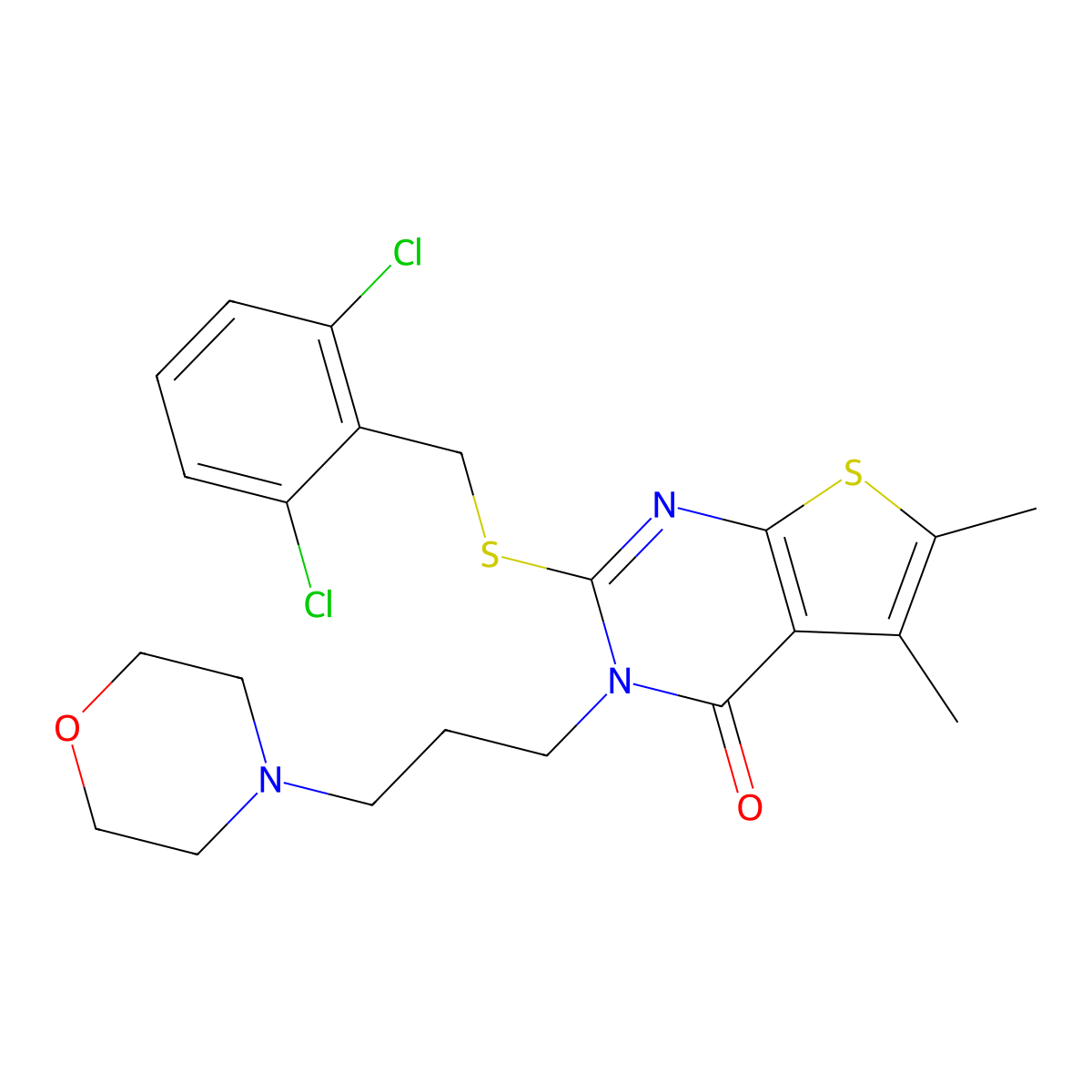 2-[(2,6-dichlorobenzyl)sulfanyl]-5,6-dimethyl-3-[3-(morpholin-4-yl)propyl]thieno[2,3-d]pyrimidin-4(3H)-one molecular structure, CAS 669752-96-9