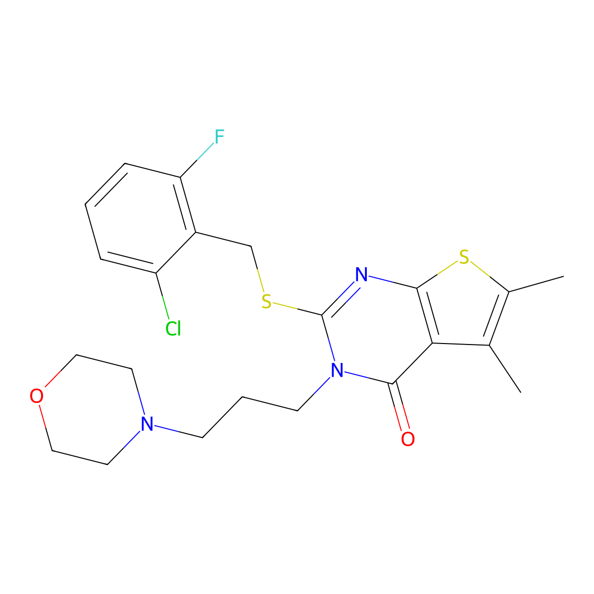 2-[(2-chloro-6-fluorobenzyl)sulfanyl]-5,6-dimethyl-3-[3-(morpholin-4-yl)propyl]thieno[2,3-d]pyrimidin-4(3H)-one molecular structure, CAS 669753-06-4