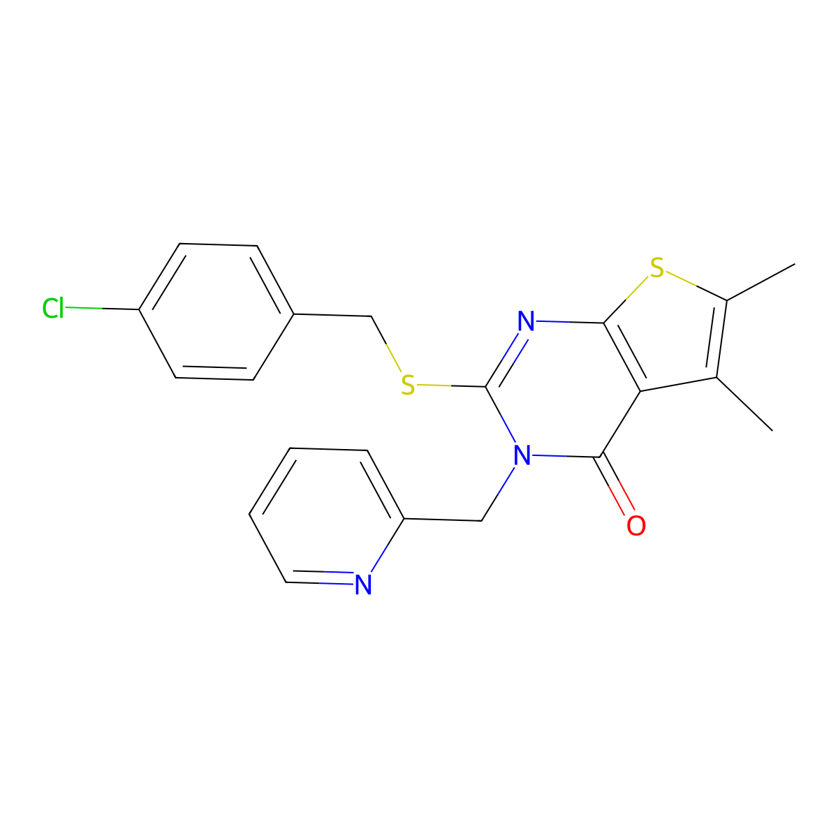 2-[(4-chlorobenzyl)sulfanyl]-5,6-dimethyl-3-(pyridin-2-ylmethyl)thieno[2,3-d]pyrimidin-4(3H)-one molecular structure, CAS 669753-56-4