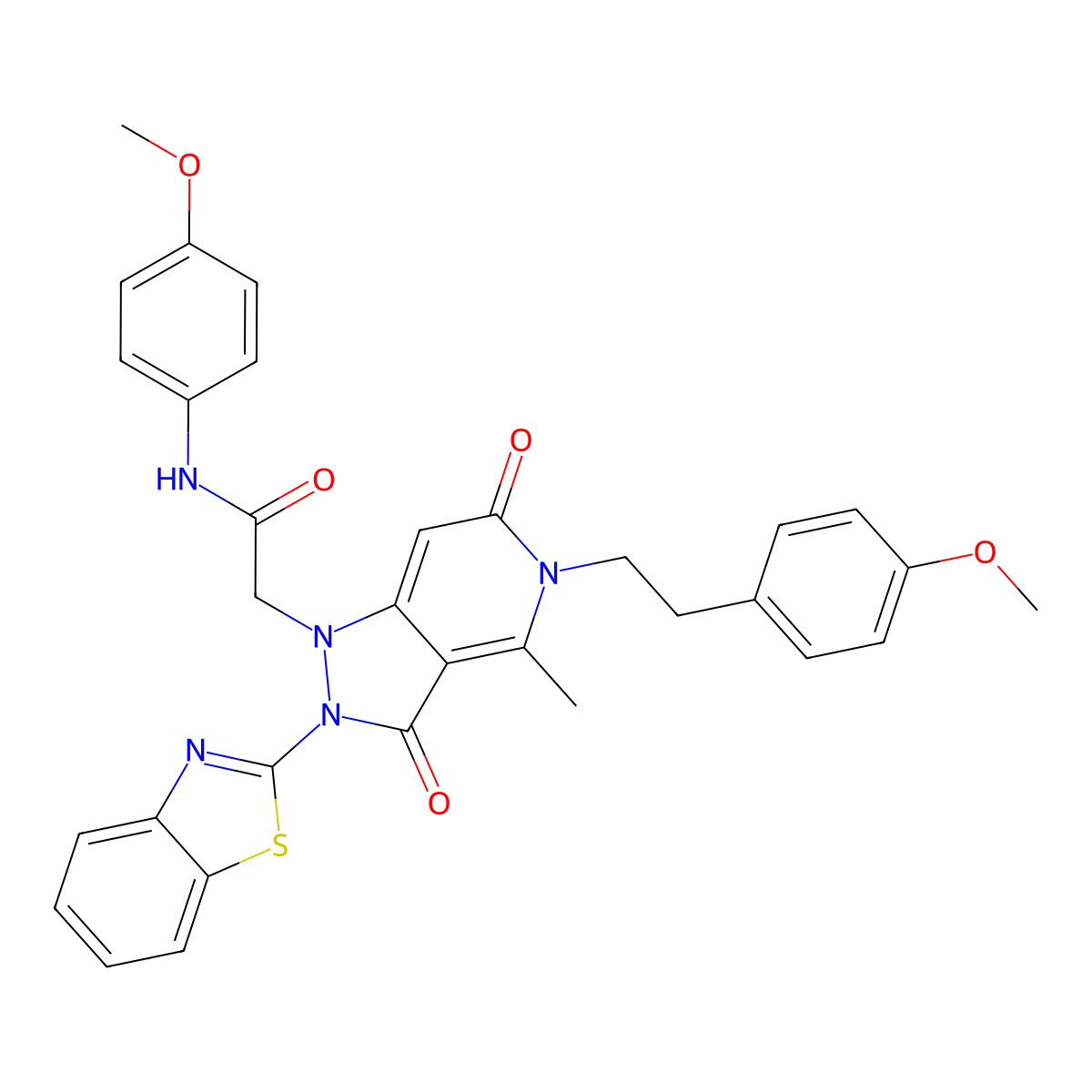 2-{2-(1,3-benzothiazol-2-yl)-5-[2-(4-methoxyphenyl)ethyl]-4-methyl-3,6-dioxo-2,3,5,6-tetrahydro-1H-pyrazolo[4,3-c]pyridin-1-yl}-N-(4-methoxyphenyl)acetamide molecular structure, CAS 669753-62-2