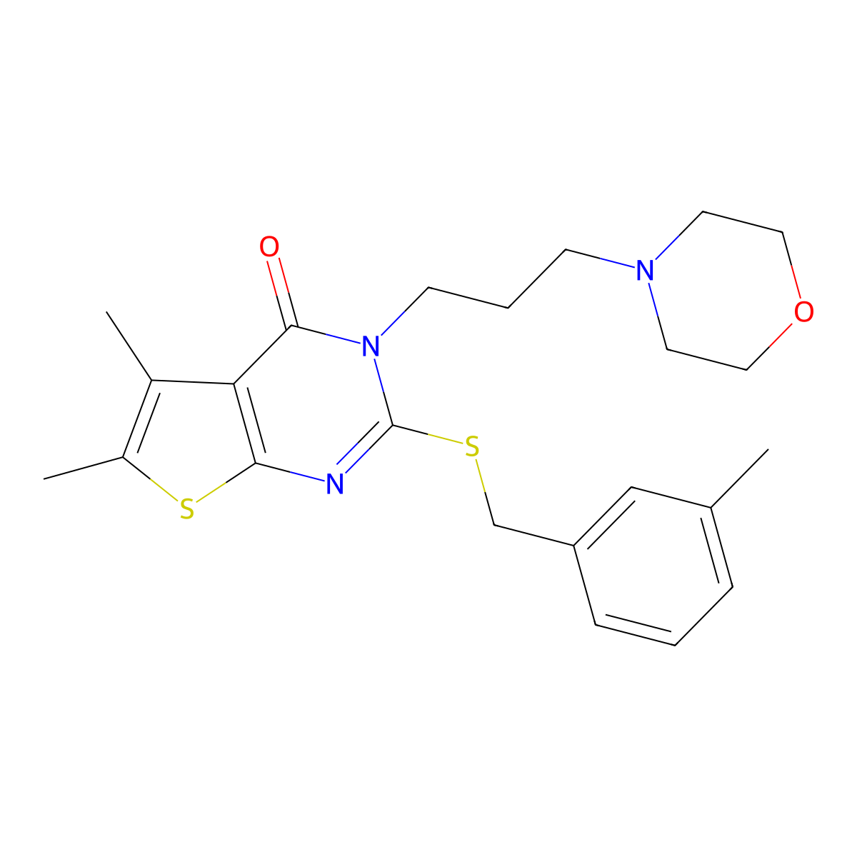 5,6-dimethyl-2-[(3-methylbenzyl)sulfanyl]-3-[3-(morpholin-4-yl)propyl]thieno[2,3-d]pyrimidin-4(3H)-one molecular structure, CAS 669753-66-6
