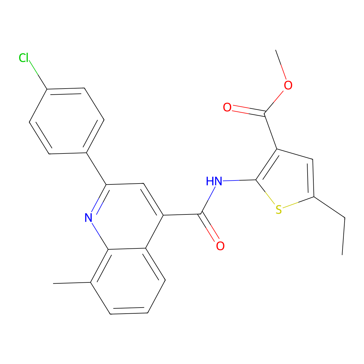 Methyl 2-({[2-(4-chlorophenyl)-8-methylquinolin-4-yl]carbonyl}amino)-5-ethylthiophene-3-carboxylate molecular structure, CAS 669756-25-6