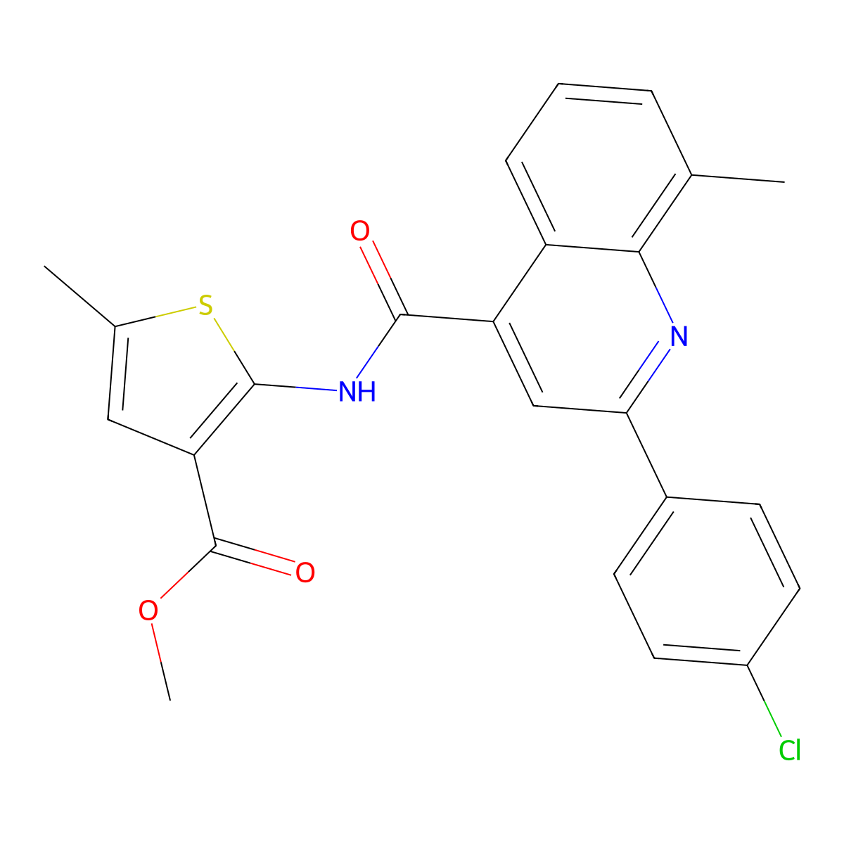 Methyl 2-({[2-(4-chlorophenyl)-8-methylquinolin-4-yl]carbonyl}amino)-5-methylthiophene-3-carboxylate molecular structure, CAS 669756-41-6