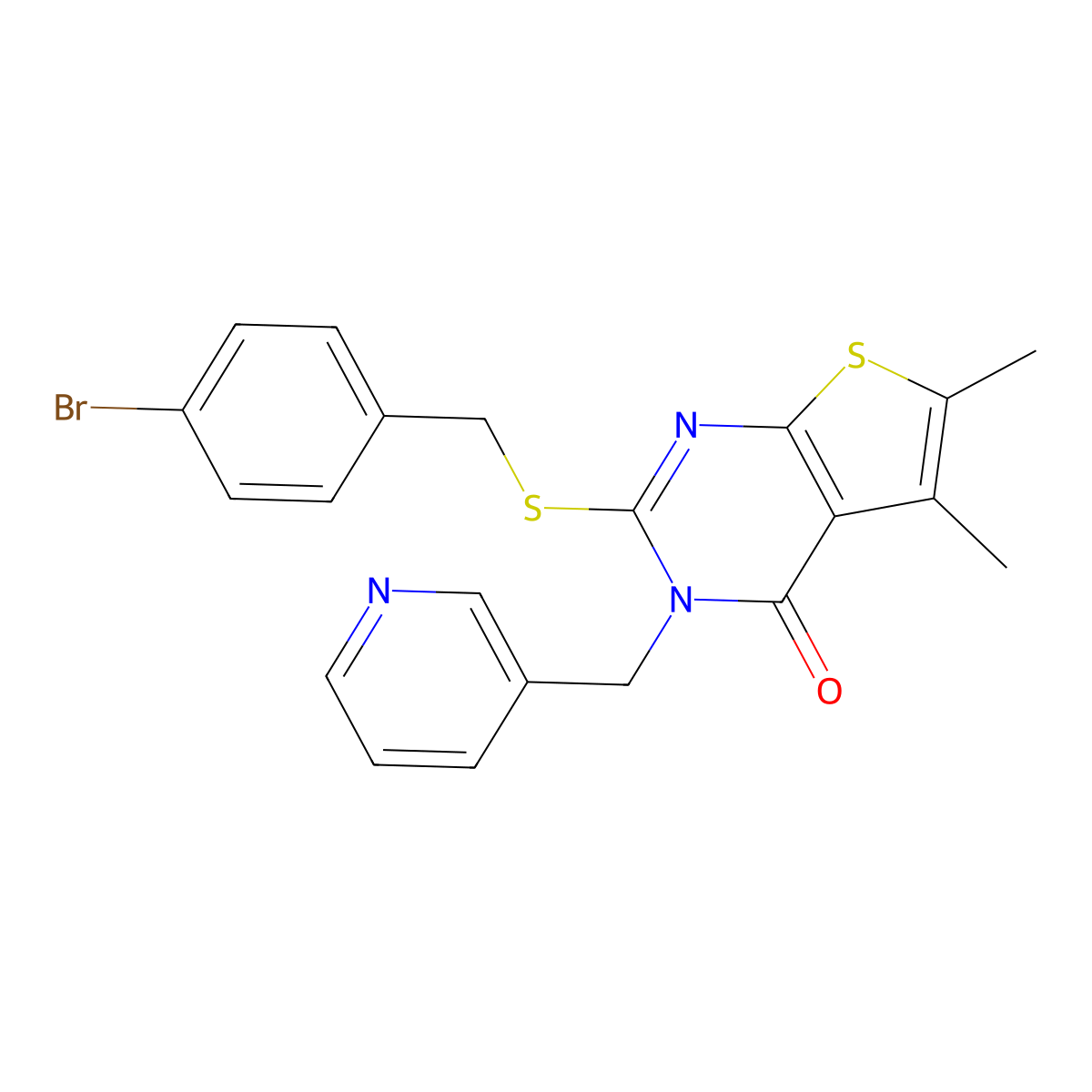 2-[(4-bromobenzyl)sulfanyl]-5,6-dimethyl-3-(pyridin-3-ylmethyl)thieno[2,3-d]pyrimidin-4(3H)-one molecular structure, CAS 669757-76-0