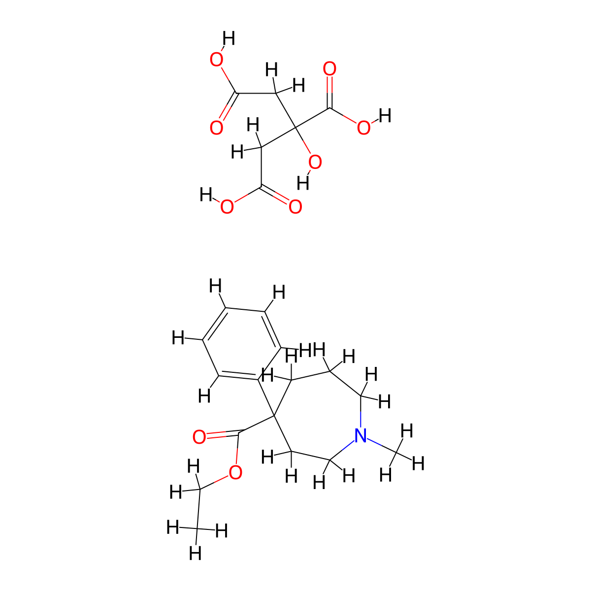 1H-Azepine-4-carboxylic acid, hexahydro-1-methyl-4-phenyl-, ethyl ester, 2-hydroxy-1,2,3-propanetricarboxylate (1:1) molecular structure, CAS 6700-56-7