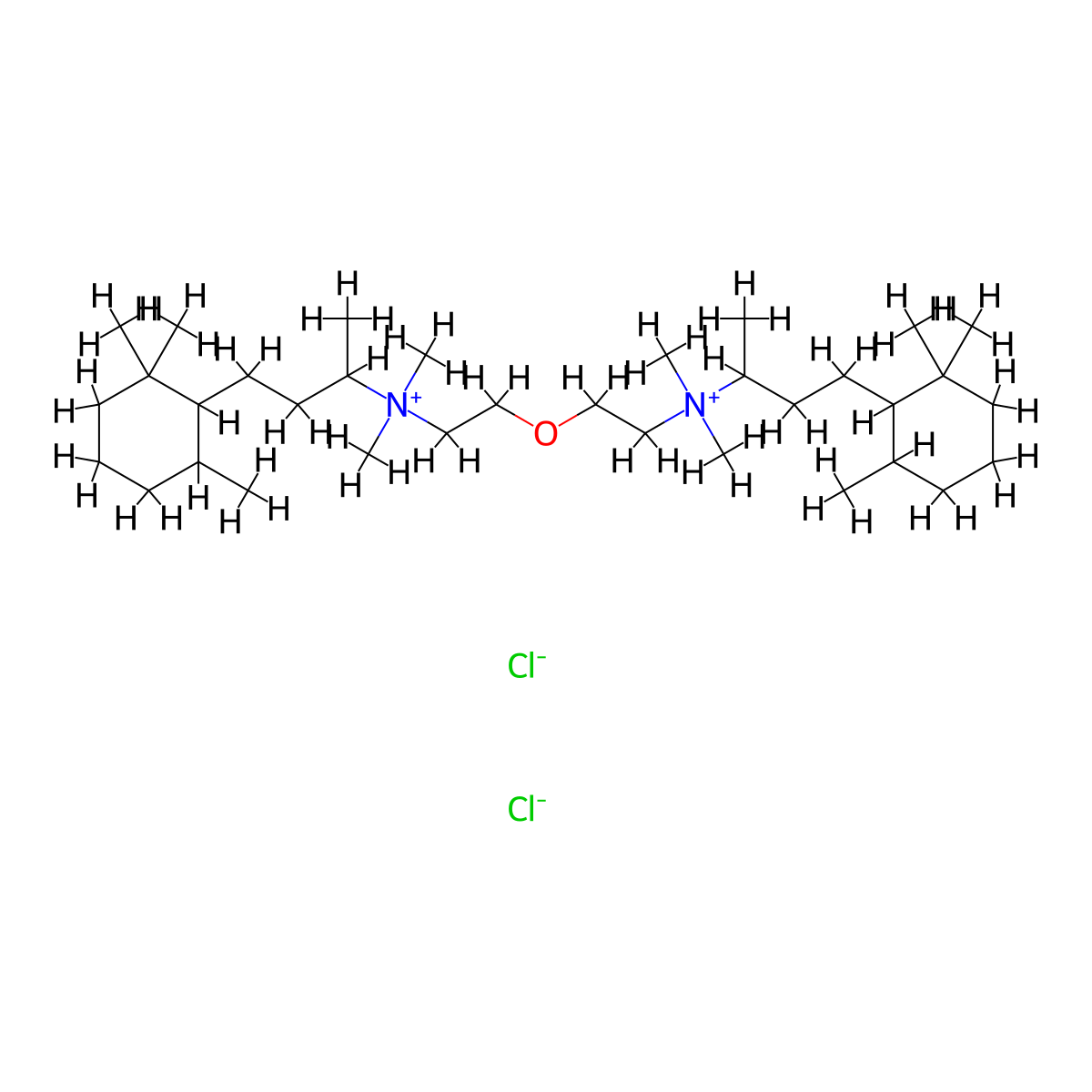 Ammonium, oxydiethlenebis(1-methyl-3-(2,2,6-trimethylcyclohexyl)propyl)bis(dimethyl-, dichloride, hemihydrate molecular structure, CAS 67011-22-7