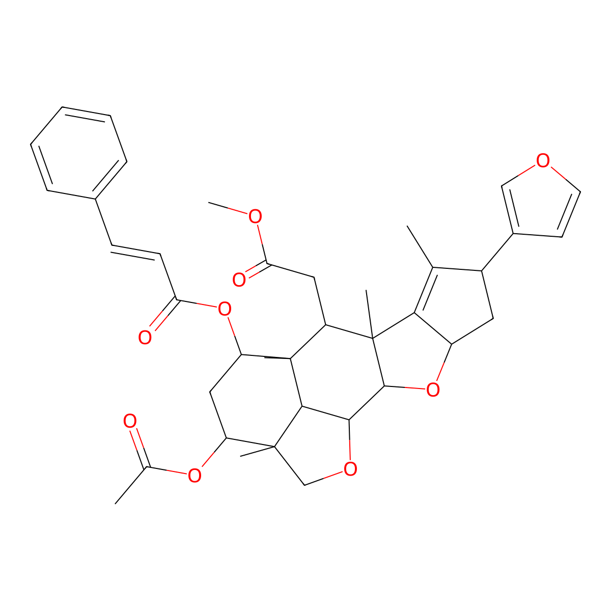 [14-Acetyloxy-6-(furan-3-yl)-10-(2-methoxy-2-oxoethyl)-7,9,11,15-tetramethyl-3,17-dioxapentacyclo[9.6.1.02,9.04,8.015,18]octadec-7-en-12-yl] 3-phenylprop-2-enoate molecular structure, CAS 67023-81-8