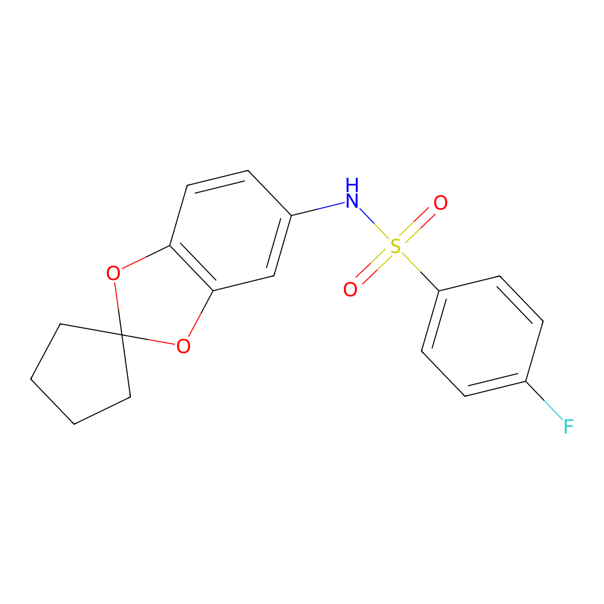 4-fluoro-N-spiro[1,3-benzodioxole-2,1'-cyclopentane]-5-ylbenzenesulfonamide molecular structure, CAS 670230-48-5