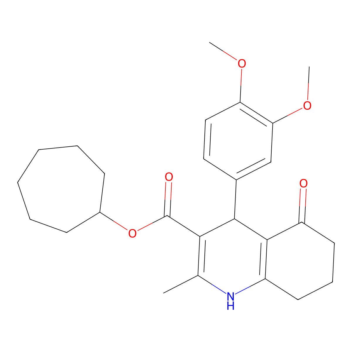 Cycloheptyl 4-(3,4-dimethoxyphenyl)-2-methyl-5-oxo-1,4,5,6,7,8-hexahydroquinoline-3-carboxylate molecular structure, CAS 670231-93-3