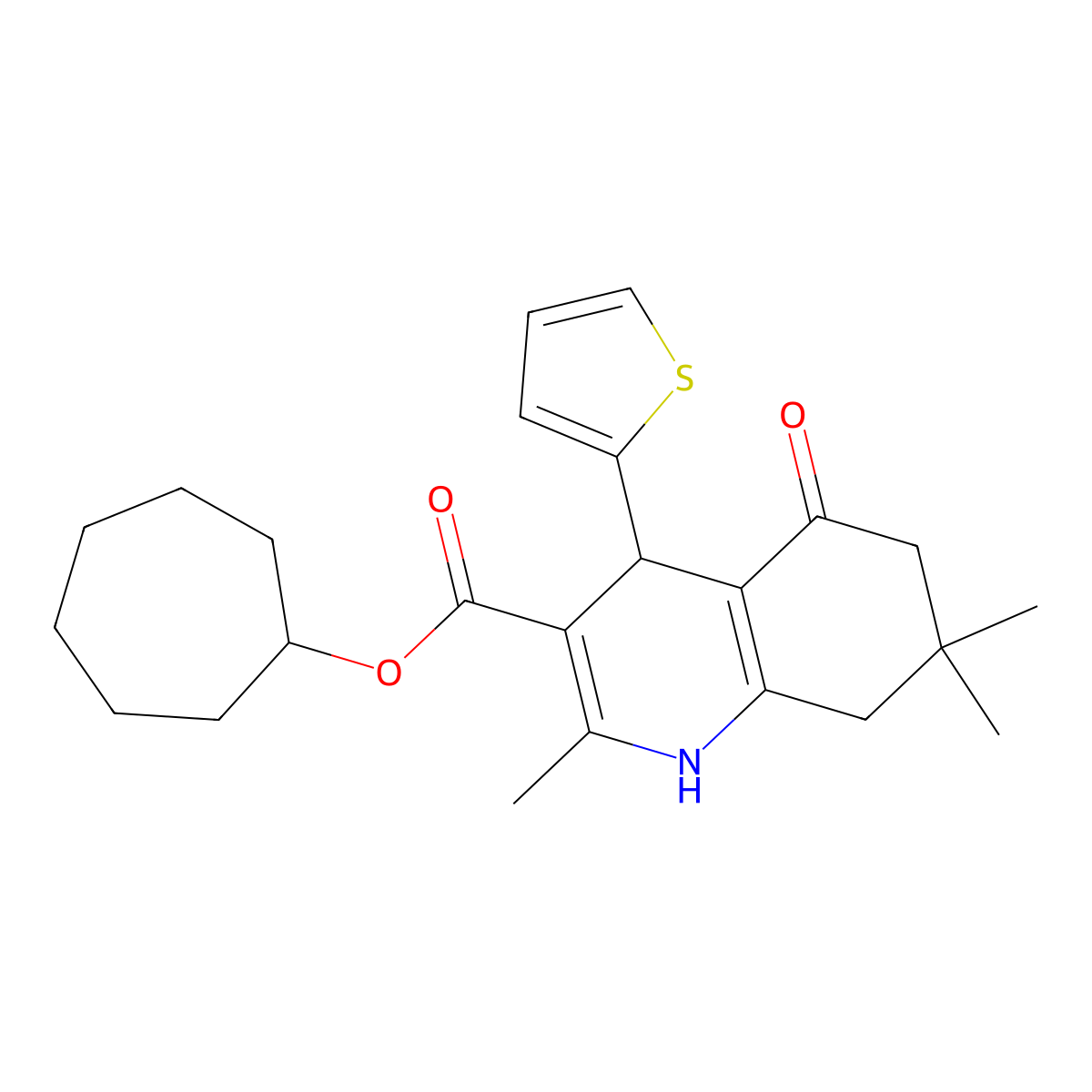 Cycloheptyl 2,7,7-trimethyl-5-oxo-4-(thiophen-2-yl)-1,4,5,6,7,8-hexahydroquinoline-3-carboxylate molecular structure, CAS 670232-06-1