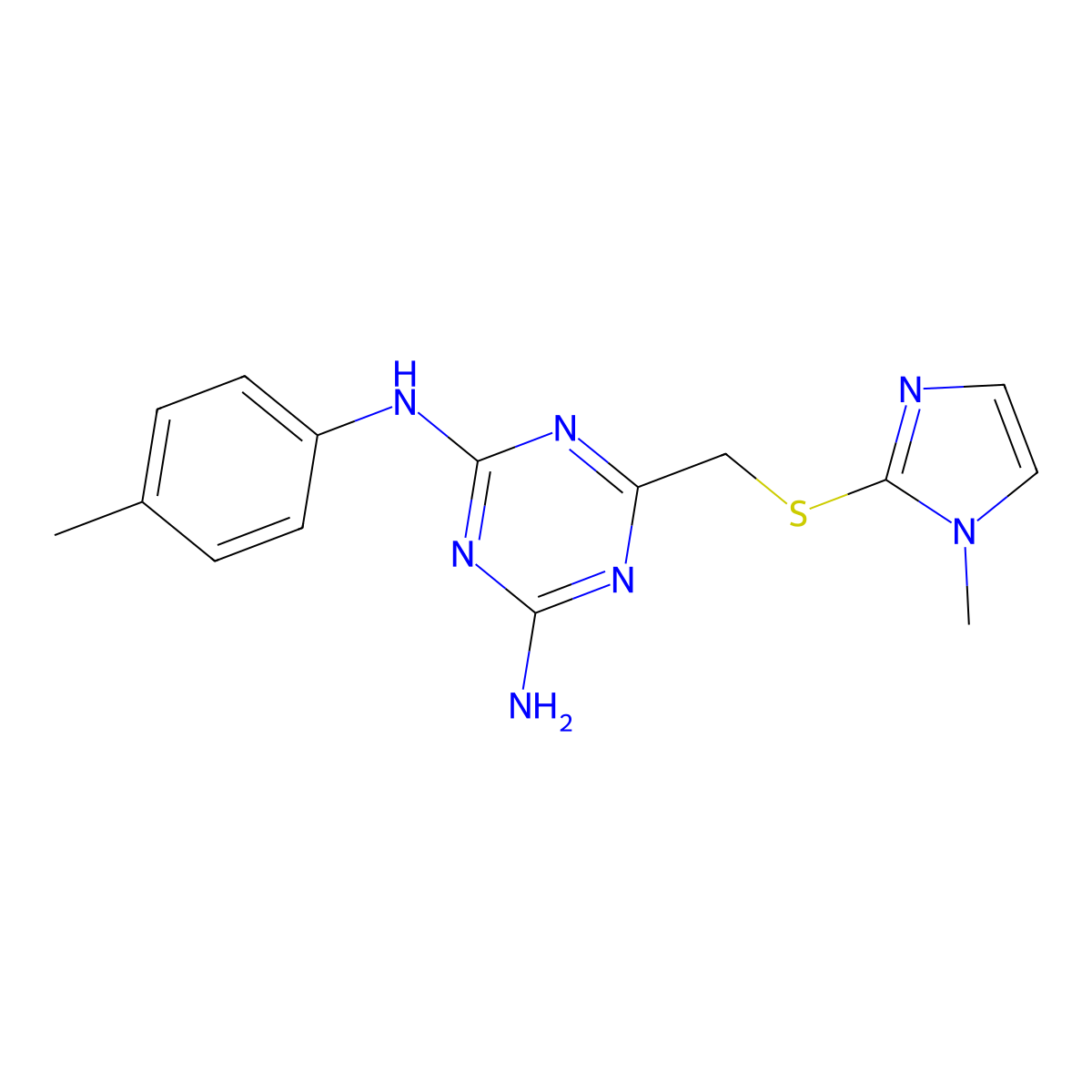 6-{[(1-methyl-1H-imidazol-2-yl)sulfanyl]methyl}-N-(4-methylphenyl)-1,3,5-triazine-2,4-diamine molecular structure, CAS 670240-48-9