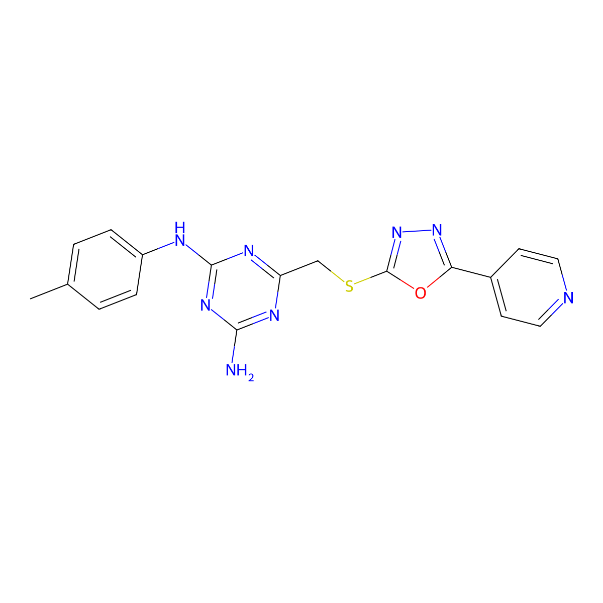 N-(4-methylphenyl)-6-({[5-(4-pyridinyl)-1,3,4-oxadiazol-2-yl]thio}methyl)-1,3,5-triazine-2,4-diamine molecular structure, CAS 670240-49-0