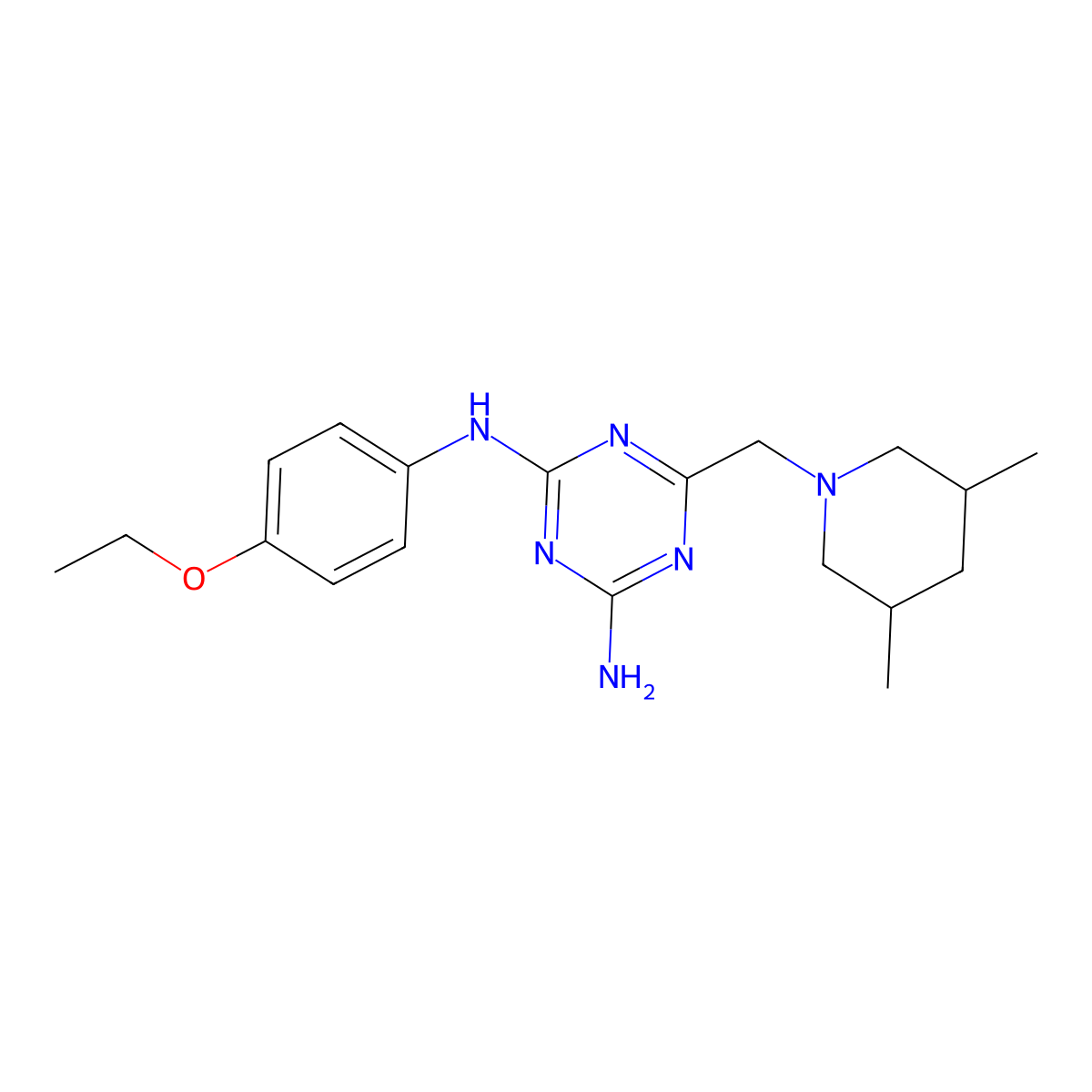 6-[(3,5-dimethylpiperidin-1-yl)methyl]-N-(4-ethoxyphenyl)-1,3,5-triazine-2,4-diamine molecular structure, CAS 670240-50-3