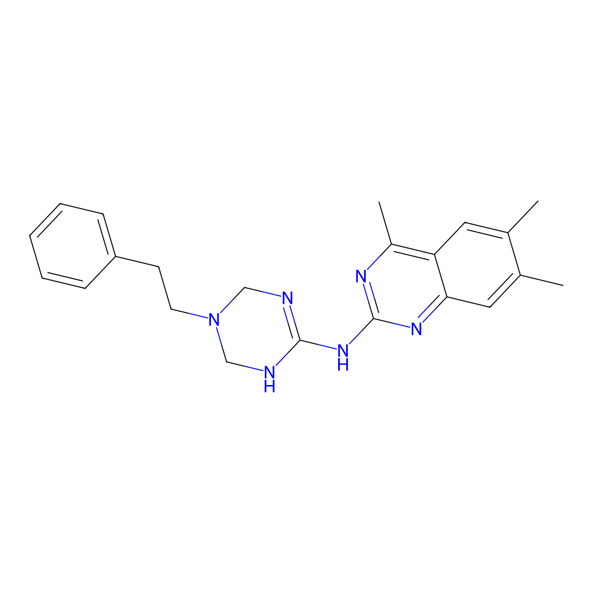 4,6,7-trimethyl-N-[5-(2-phenylethyl)-1,4,5,6-tetrahydro-1,3,5-triazin-2-yl]quinazolin-2-amine molecular structure, CAS 670240-58-1