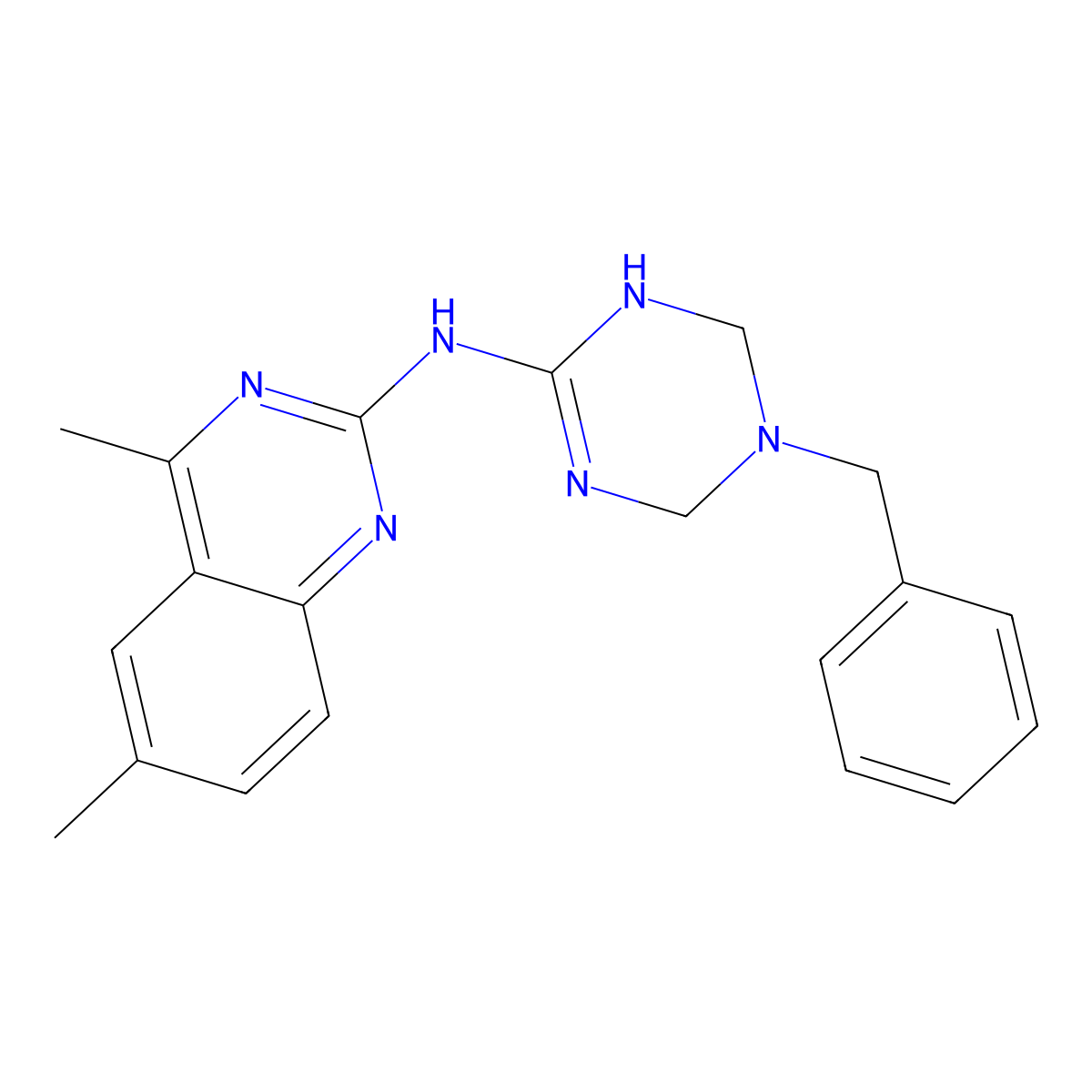 N-(5-benzyl-1,4,5,6-tetrahydro-1,3,5-triazin-2-yl)-4,6-dimethylquinazolin-2-amine molecular structure, CAS 670240-59-2