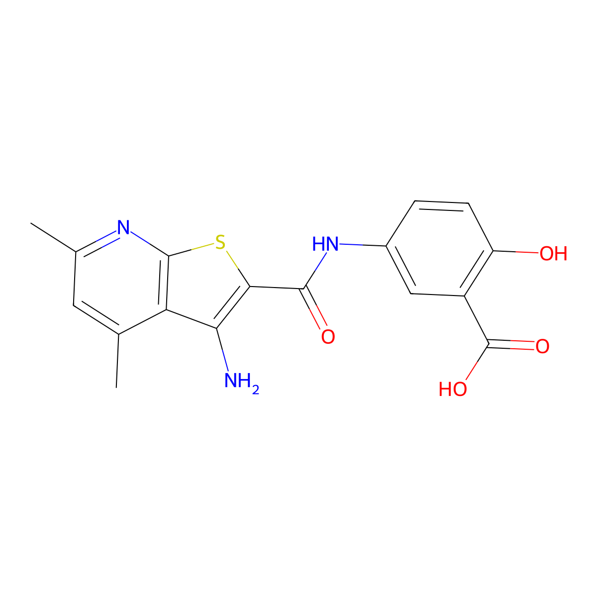 5-{3-Amino-4,6-dimethylthieno[2,3-b]pyridine-2-amido}-2-hydroxybenzoic acid molecular structure, CAS 670241-30-2
