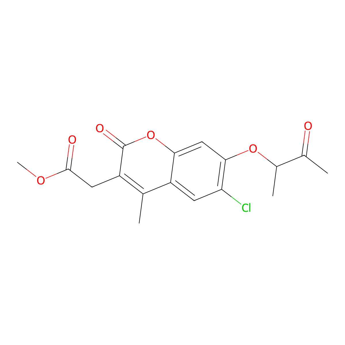 methyl 2-(6-chloro-4-methyl-2-oxo-7-((3-oxobutan-2-yl)oxy)-2H-chromen-3-yl)acetate molecular structure, CAS 670245-30-4